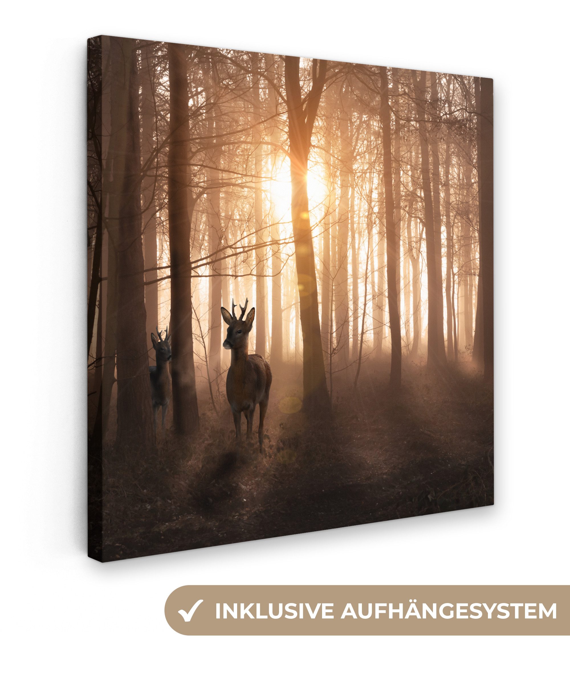 OneMillionCanvasses® Leinwandbild Wald - Hirsche - Sonne - Bäume - Winter - günstig online kaufen