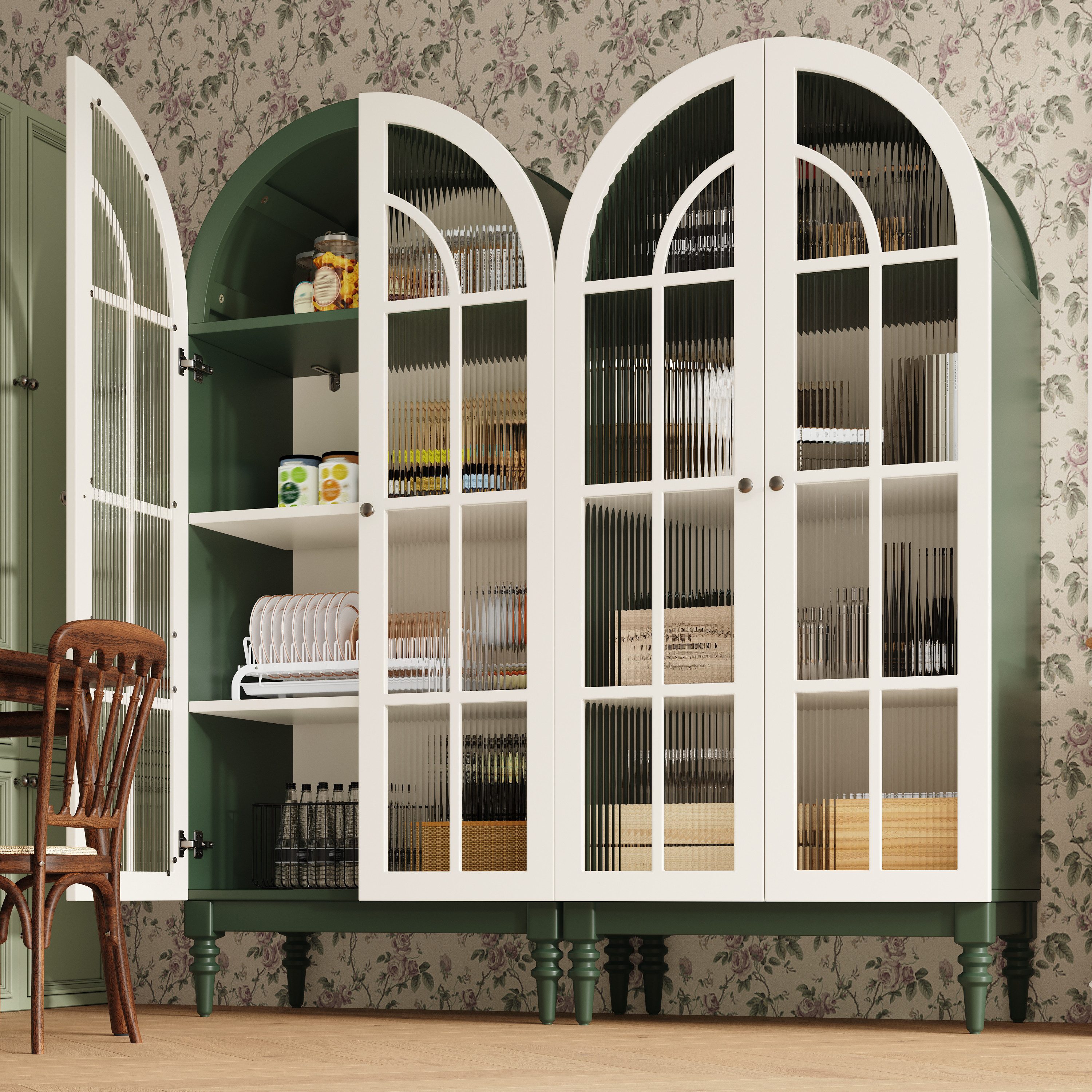 KLAM HOME Vitrine Bogen‑Vitrinenschrank 165cm mit Riffelglas‑Doppeltüren (Dekorativer Hochschrank mit 3 Einlegeebenen für Wohn‑ und Esszimmer) Vintage Ausstellungsschrank in Dunkelgrün und Weiß