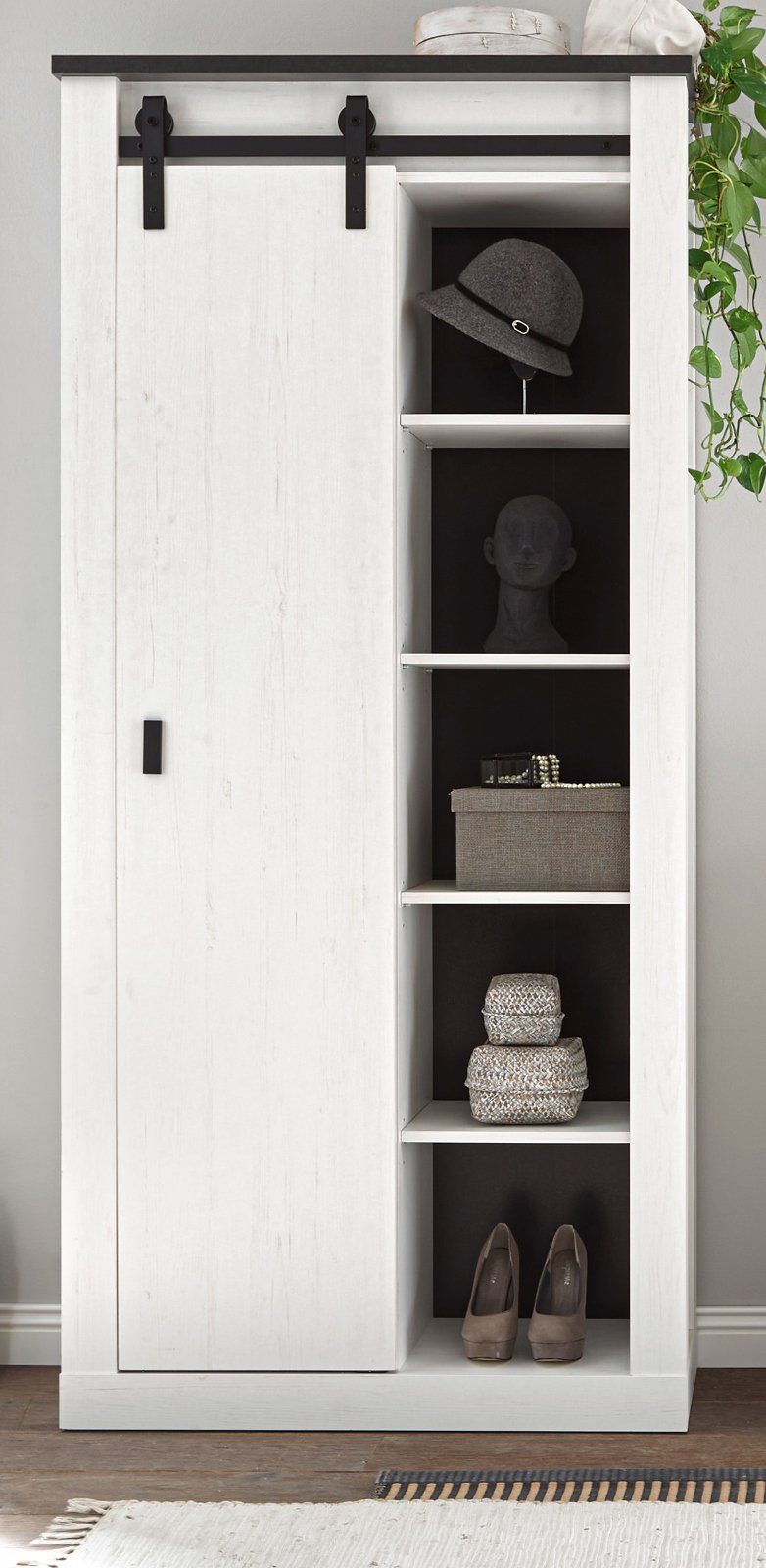 Furn.Design Stauraumschrank Stove (Mehrzweckschrank in Pinie weiß mit Anthrazit, 93 x 201 cm) 10 Fächer