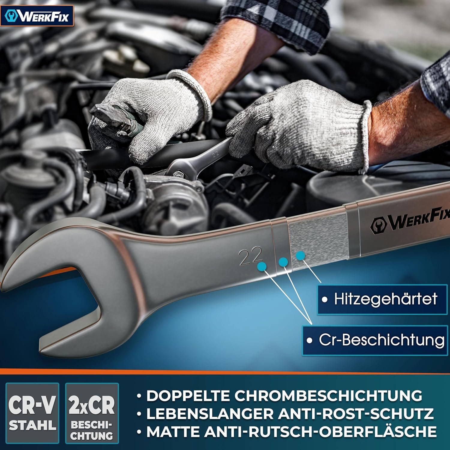 TAVIALO Gabel- und Ringschlüssel WerkFix Ring-Maulschlüsselsatz 12-tlg. 6-22 mm aus CrV-Stahl (12 St), Gabelschlüssel lasermarkiert, mattiert, in der Tasche