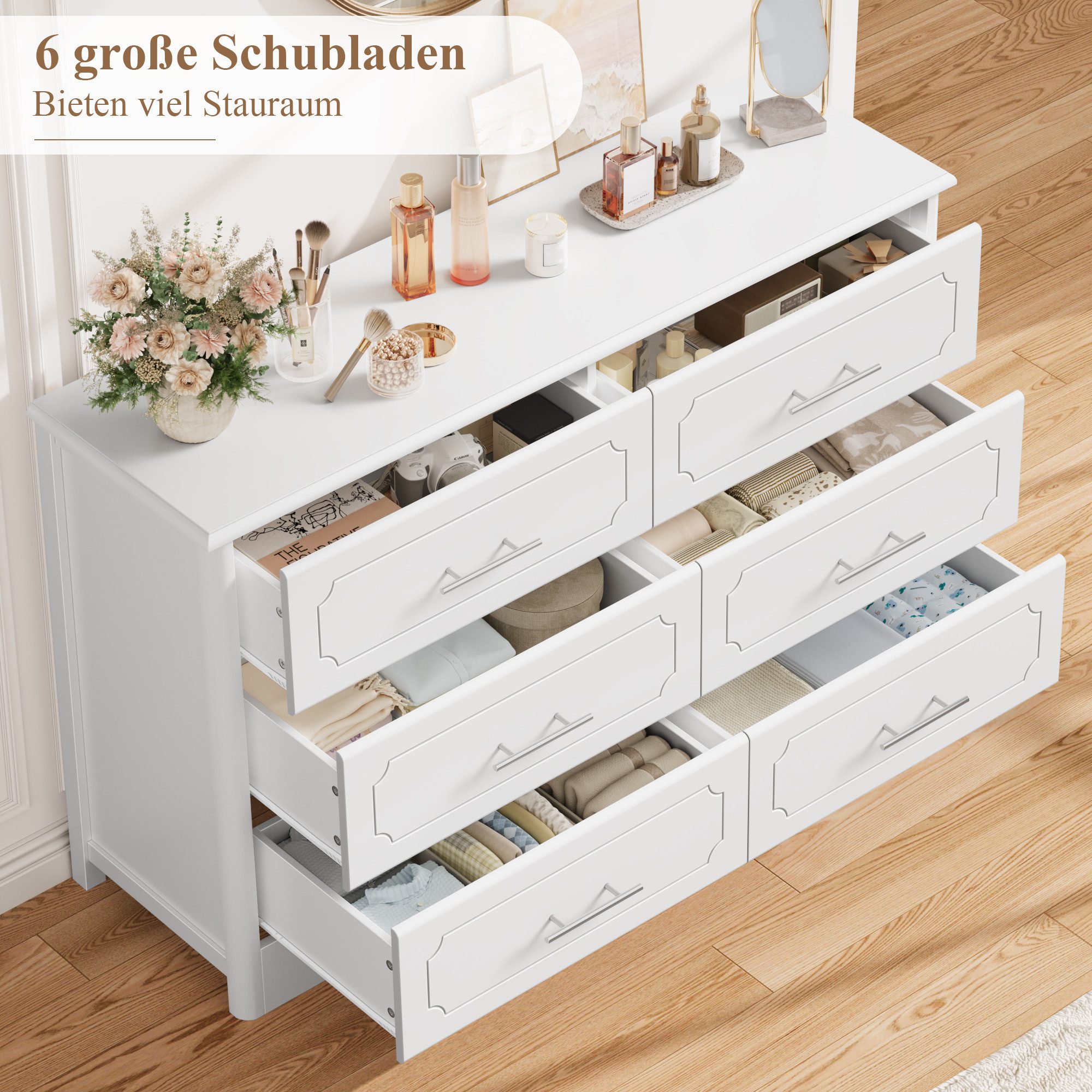HOMECHO Kommode (1 St), Weiß 6 Schubladen, Moderner Schubladenschrank, 118x40x81cm