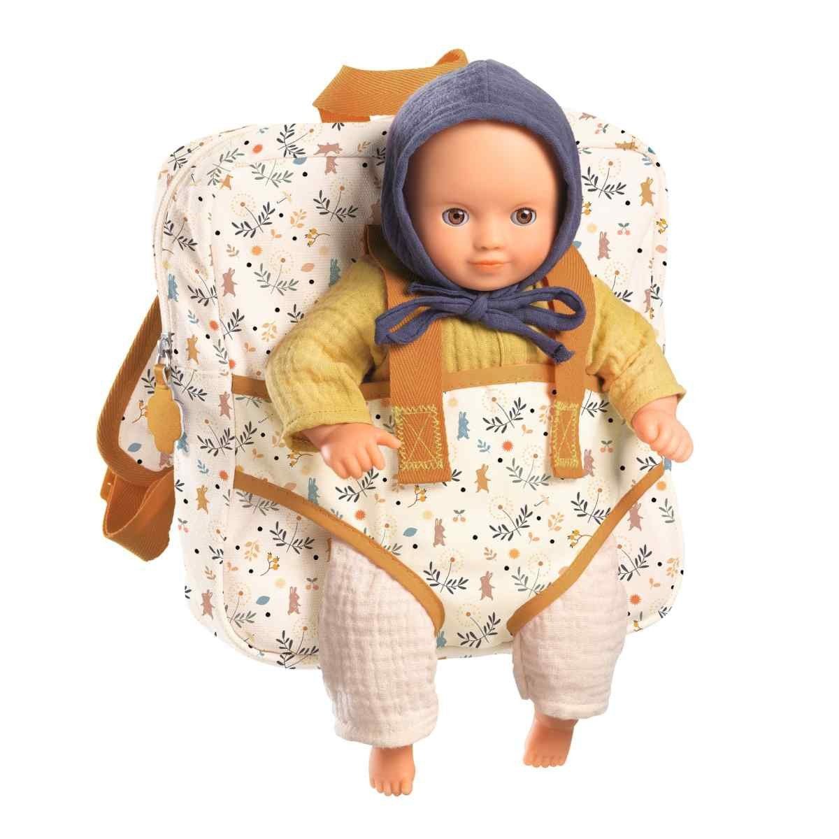 DJECO Puppen Tragetasche Pomea Kinderrucksack mit integrierter Puppentrage 2-in-1-Rucksack