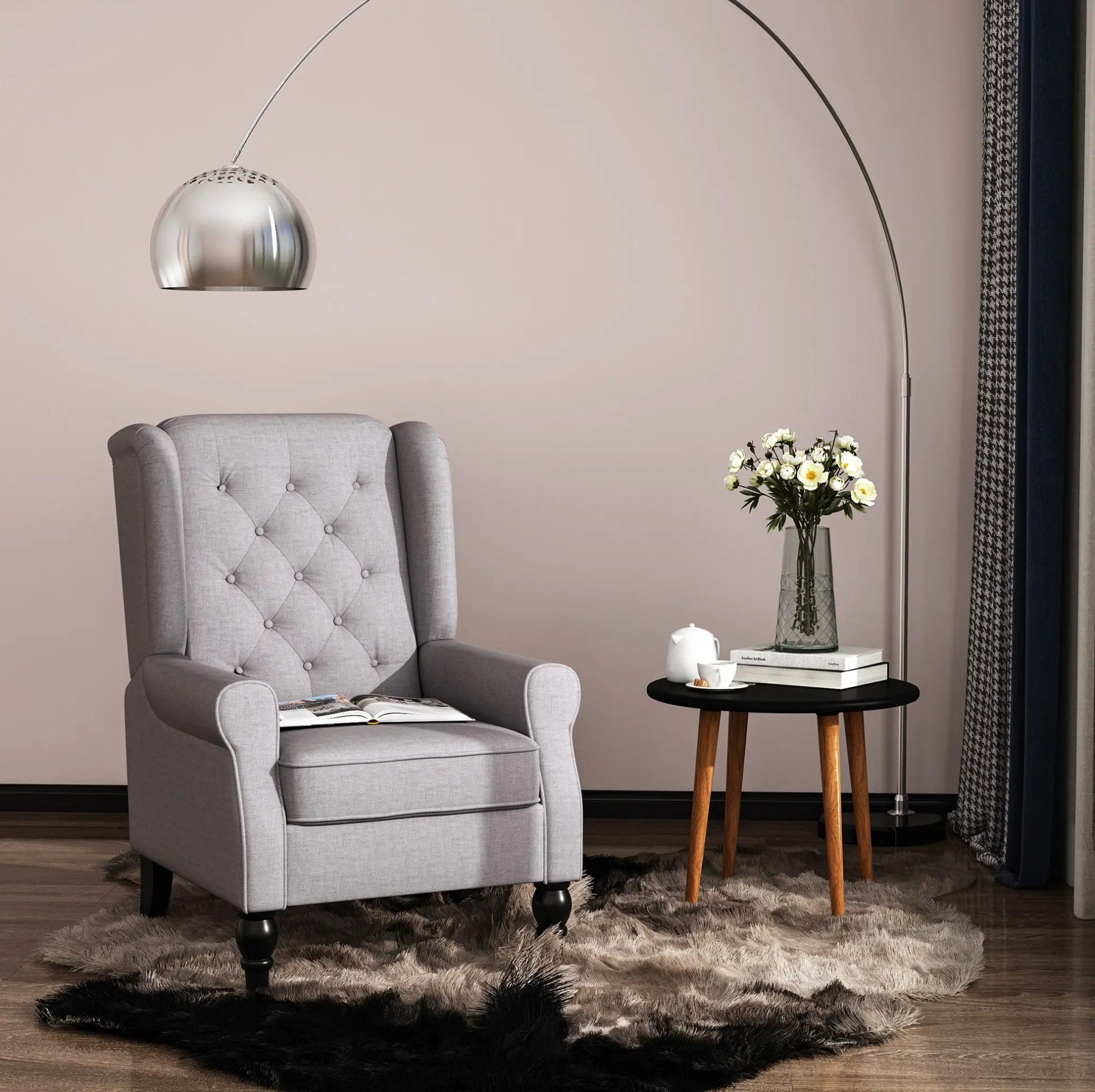 OKWISH Relaxsessel Einzelsessel in Grau mit Tufting & Holzfüßen, Polyester, 74x86x102 cm (1-St., Relaxsessel & Ohrensessel für Wohnzimmer & Schlafzimmer), Bequemer Akzentsessel mit stilvollem Komfort für Ihr Zuhause