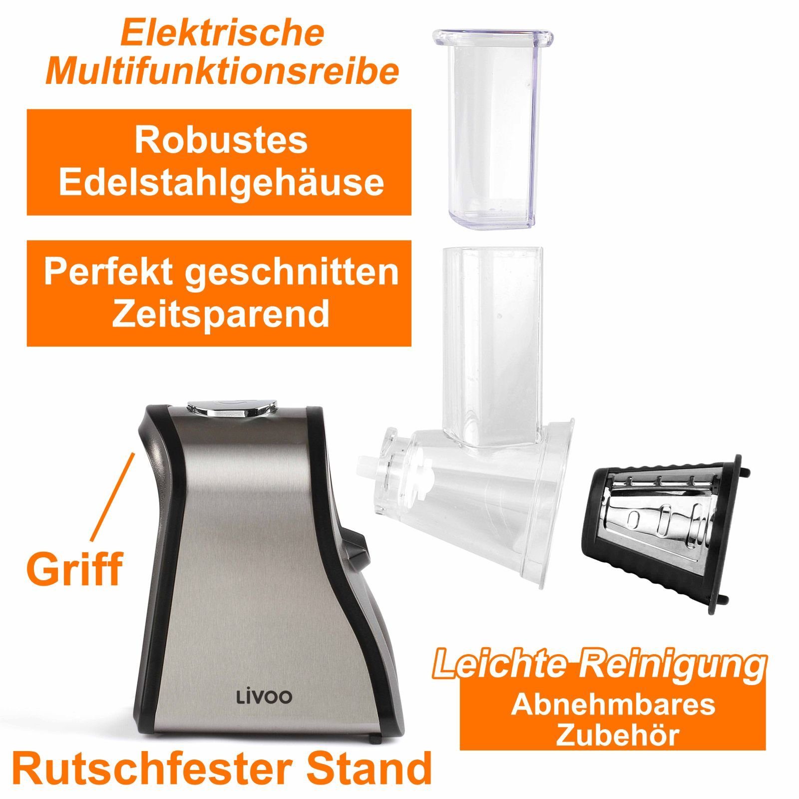 LIVOO Multifunktionsreibe LIVOO 200 Küchenmaschine 4 Watt Küchenreibe Edelstahl Aufsätze