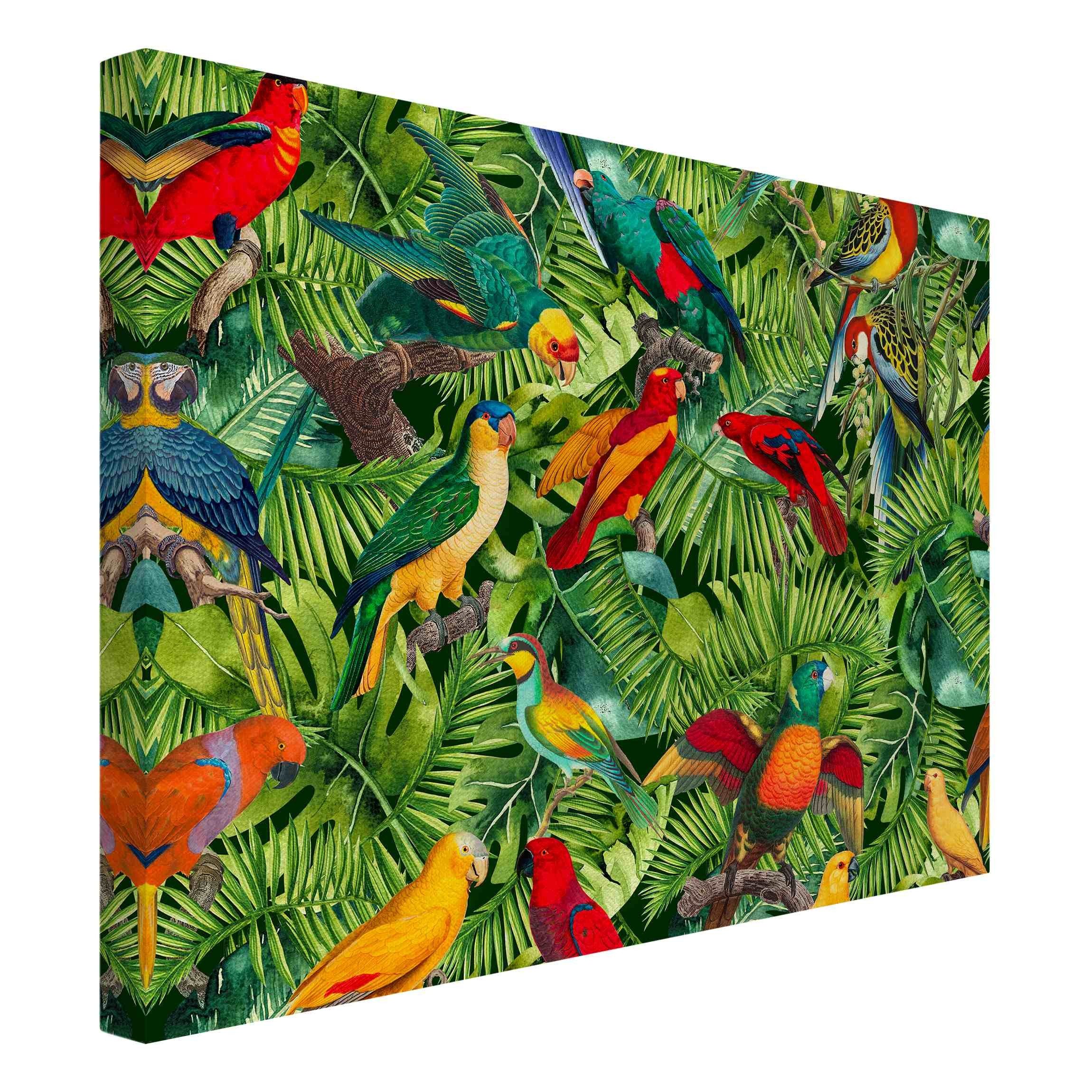 Leinwandbild Kunstdruck Bunte Collage Papageien Dschungel türkis Leinwand Groß XXL