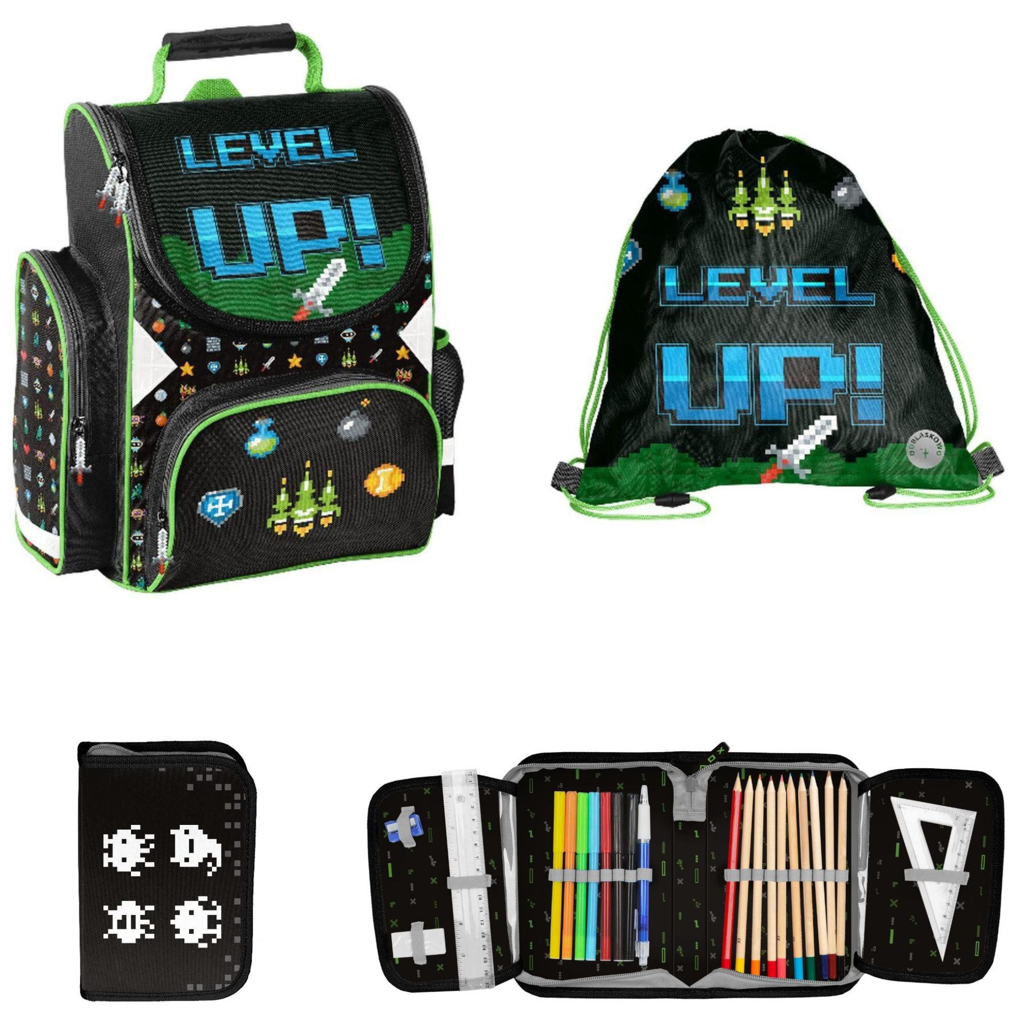 PASO Schulranzen SCHULSET: RANZEN + TURNBEUTEL + BEFÜLLTE FEDERMAPPE - LEVEL UP! (3-teilig, Gaming / Gamer), schwarz, grün, blau