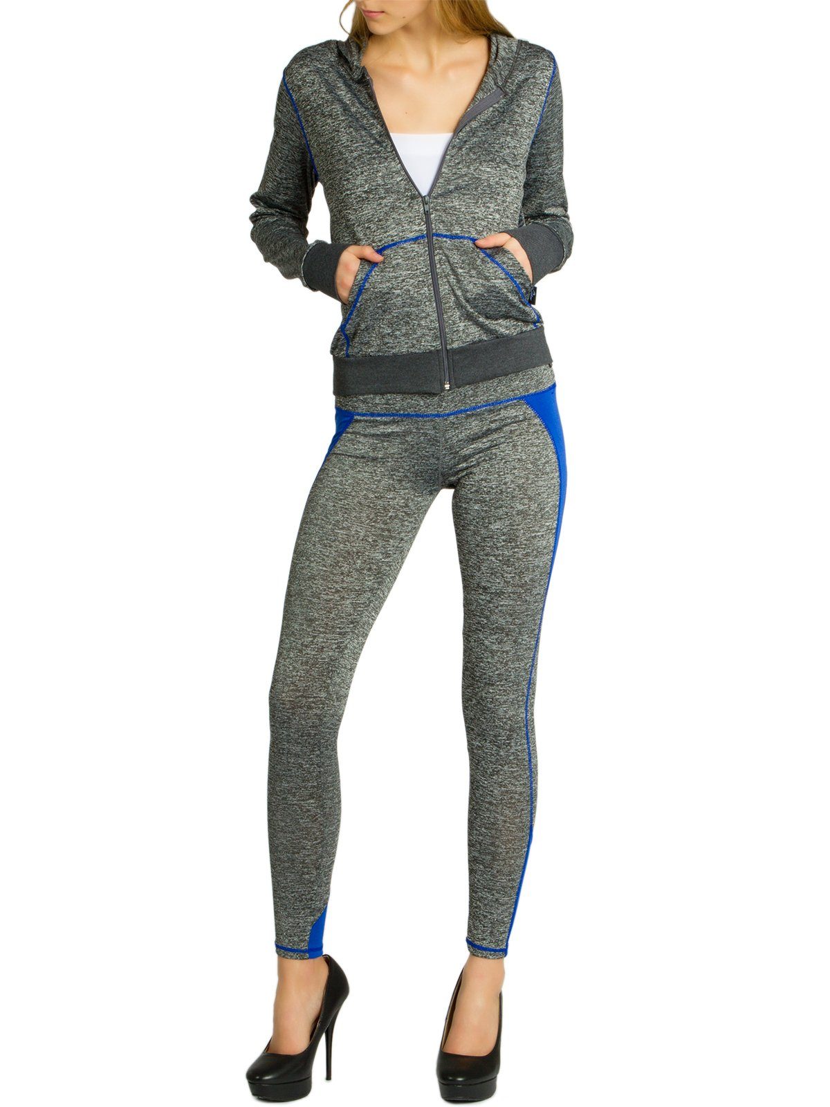 Caspar Trainingsanzug JG001 stylischer Damen Jogginganzug mit Kapuze grau meliert / royal blau