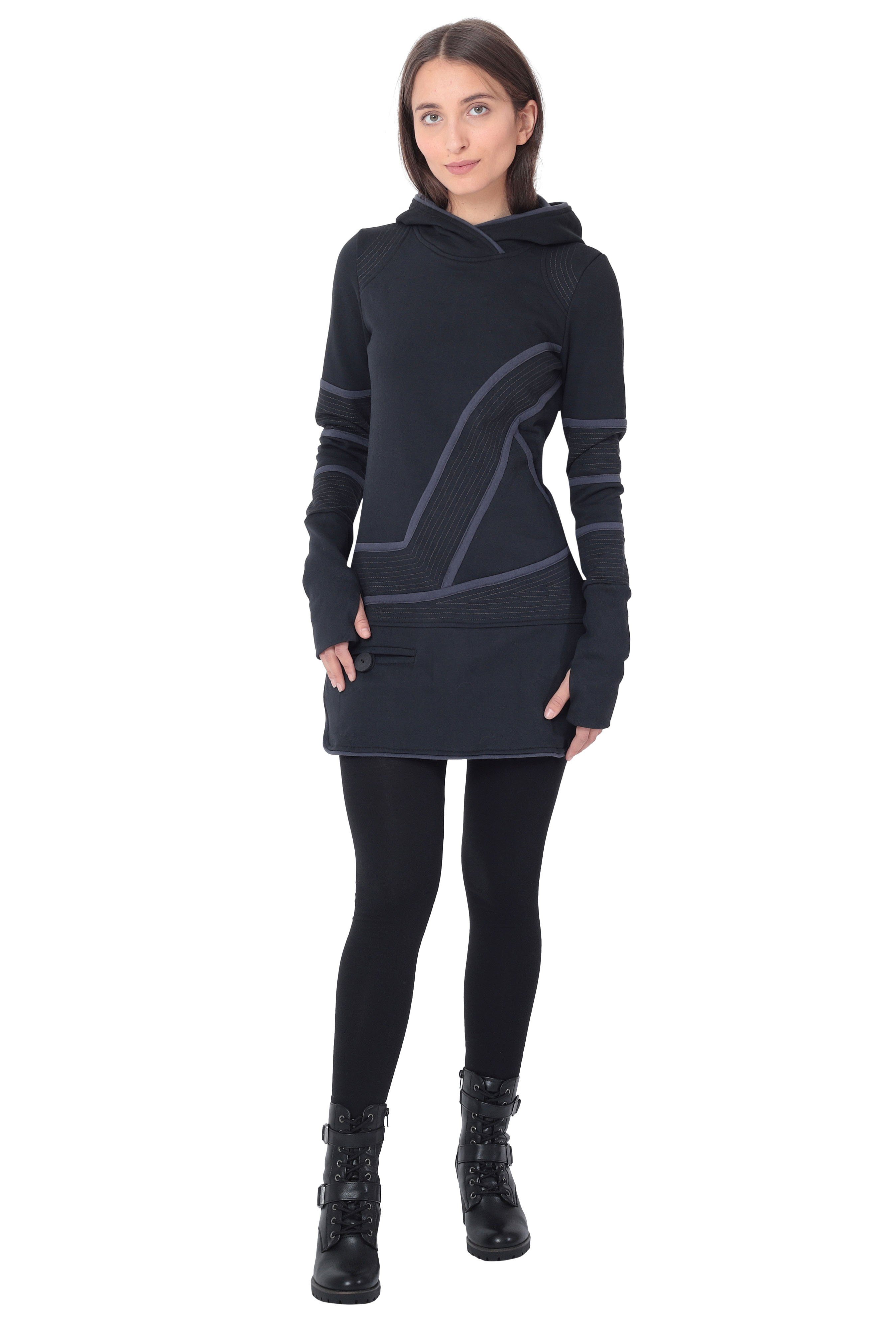 Sweatkleid Kapuzenpullover-Kleid Hoodie Zweifarbig dr21 Schwarz L