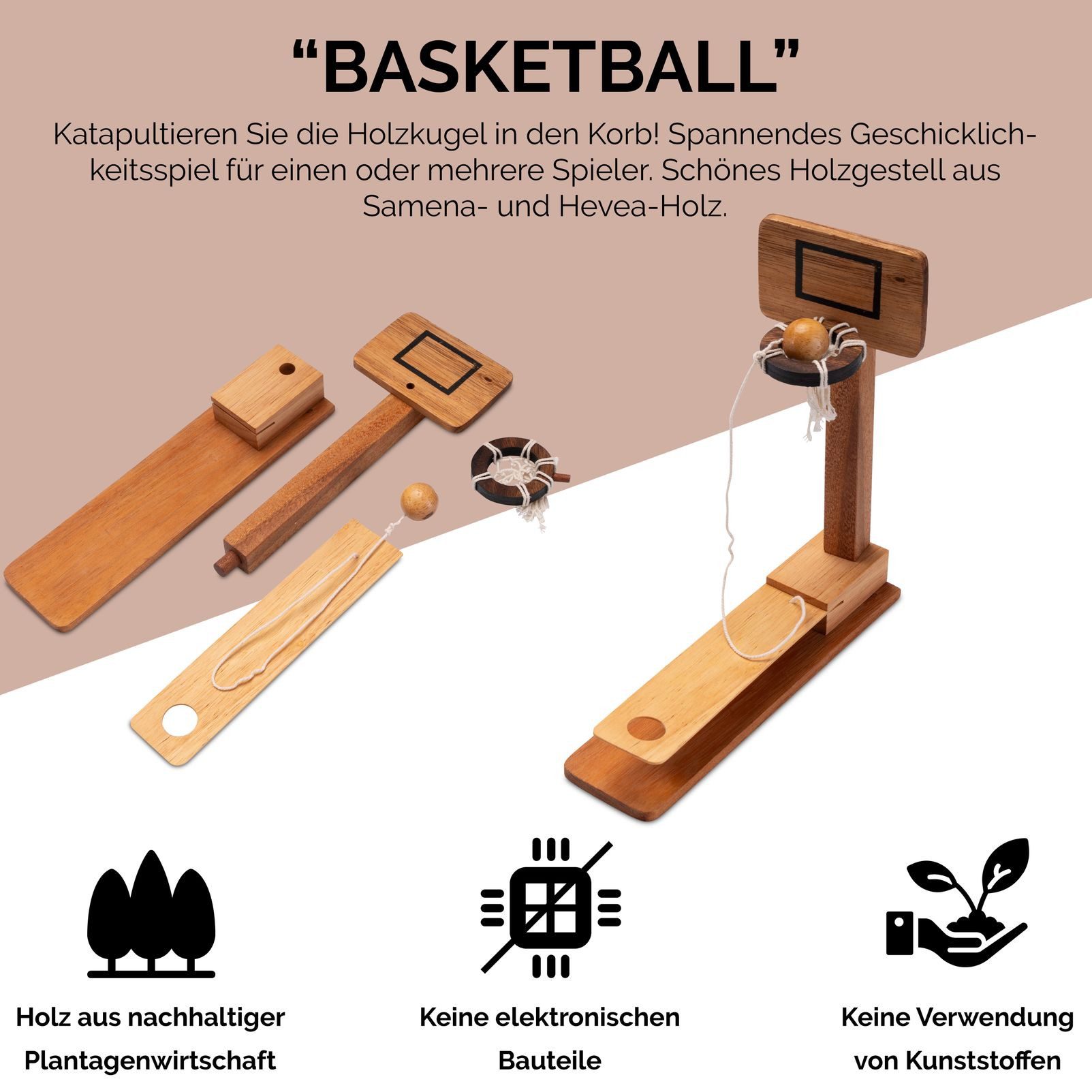 LOGOPLAY Spiel Basketball, Gesellschaftsspiel, Basketball aus Holz das Katapult-Spiel für flinke Finger und
