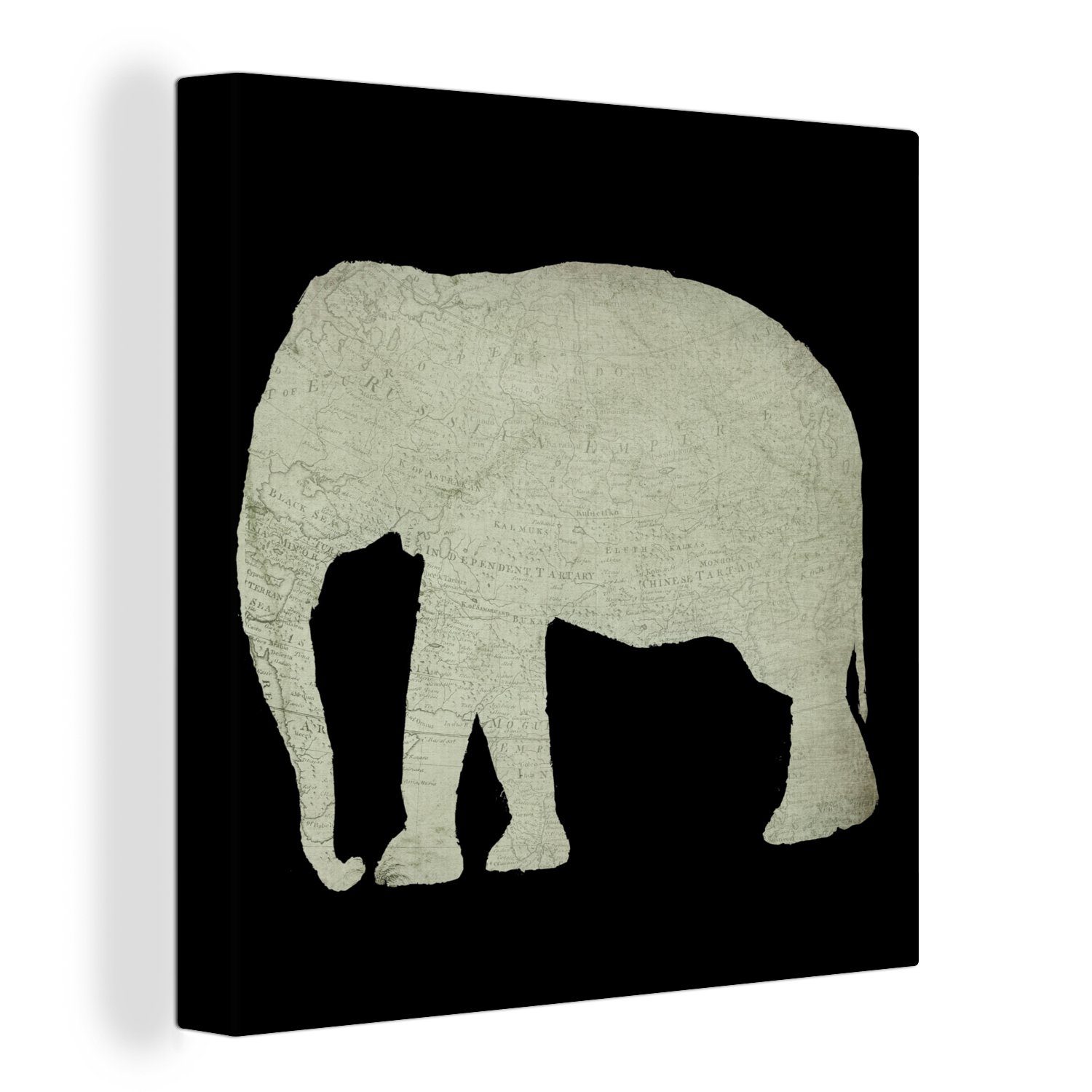 OneMillionCanvasses® Leinwandbild Elefant - Karte - Vintage, (1 St), Leinwand Bilder für Wohnzimmer Schlafzimmer