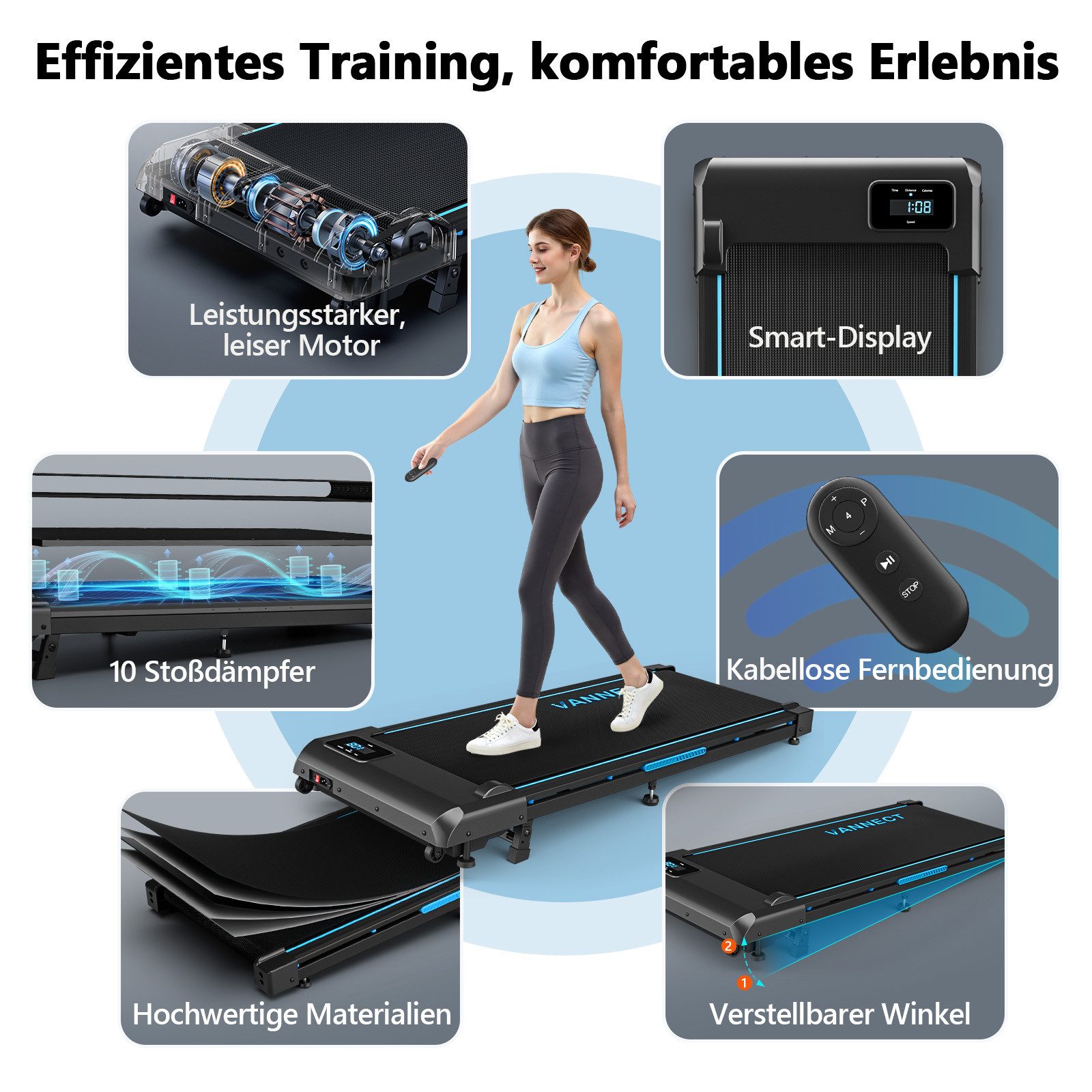 VANNECT Laufband Walking Pad für Zuhause mit Steigung und LED-Anzeige, Fernbedienung, 2,75HP Tragbares Laufband, keine Montage Erforderlich