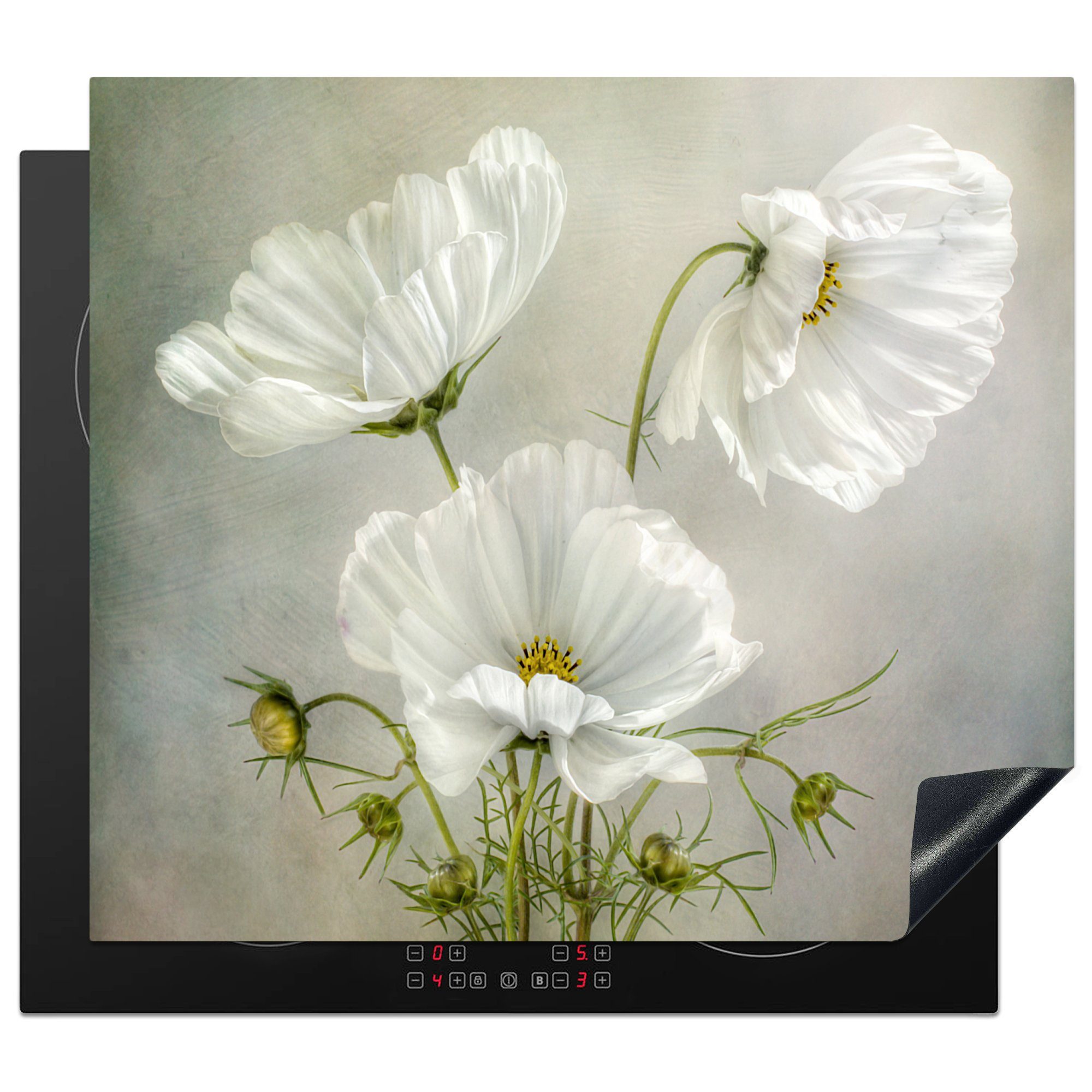 MuchoWow Herdblende-/Abdeckplatte Blumen - Stillleben - Mohn - Weiß - Botanisch, Vinyl, (1 tlg), 58x51 cm, Küchen Dekoration für Induktionsherd, Induktionskochfeld