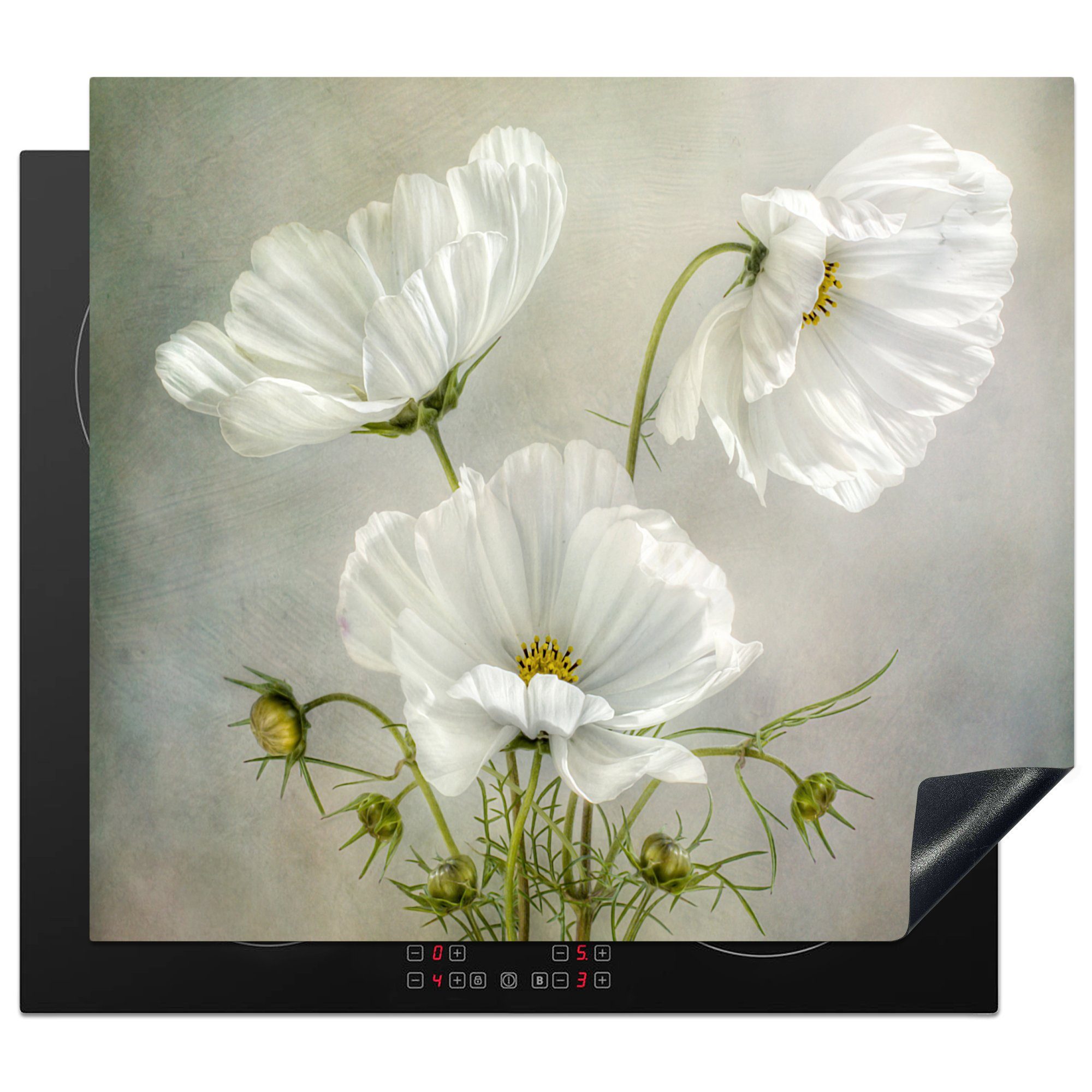 MuchoWow Herd-Abdeckplatte Blumen - Stillleben - Mohn - Weiß - Botanisch, Vinyl, (1 tlg), Ceranfeldabdeckung Küche, Herdabdeckplatte Einteilig, 60x52 cm