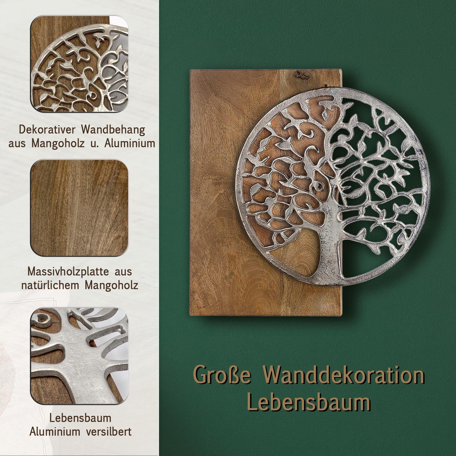 Holz Wanddekoration Aufhänger 45x45cm Metall Wanddekoobjekt Lebensbaum Wandanhänger Casamia