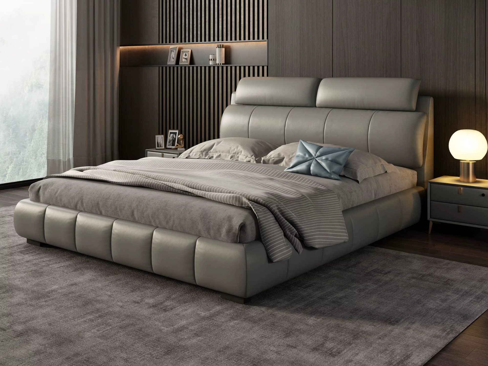 mukuhi Lederbett Polsterbett Echtleder 180x200 cm mit Komfortkopfteil