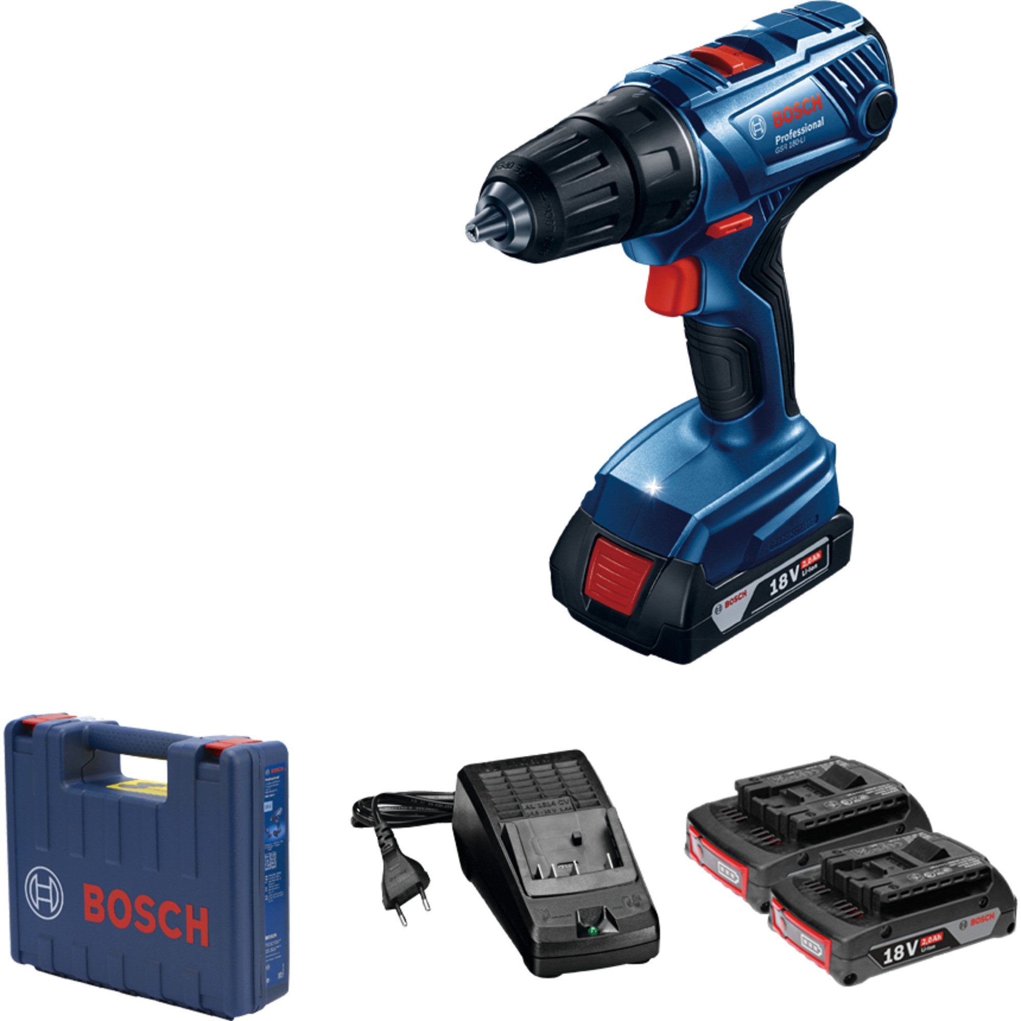 Bosch Professional Akku-Bohrschrauber Bosch Professional Akku-Bohrschrauber GSR 180 LI, 18 V V, (2x Li-Ion Akku 2,0Ah, Koffer)