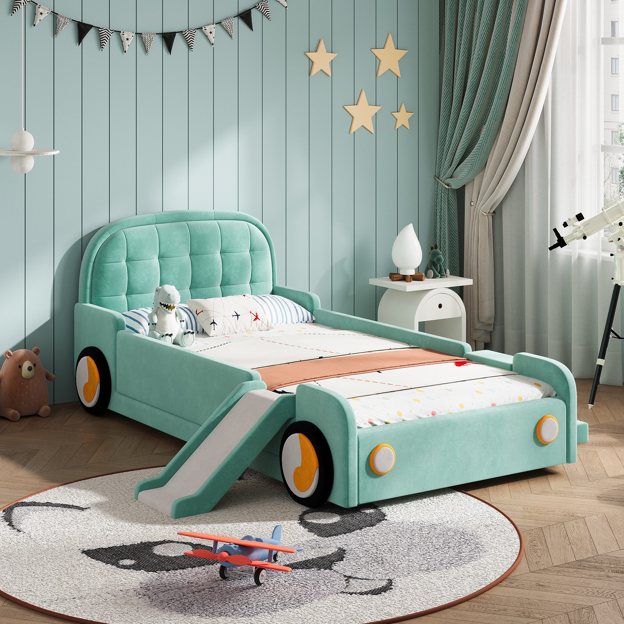 STILVORA Polsterbett 90×200 mit Lattenrost Kinderbett Funktionbett, ohne Matratze (Autobett, mit Rutsche,Seitenschutz, gepolstert, Flexible Montage, niedrige Bauweise, Komfort), für Kinderzimmer, Jugendzimmer, Spielzimmer