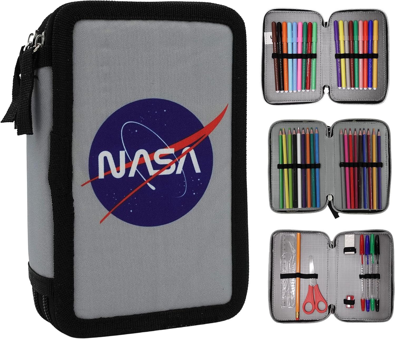 GOLDKIDS Federmäppchen Federmappe NASA Federtasche XXL, (Schüleretui Federtasche Federpenal, 1-tlg., Schulmäppchen grau 3 Fächer 45-teilig), gefüllt inkl Hausaufgabenheft