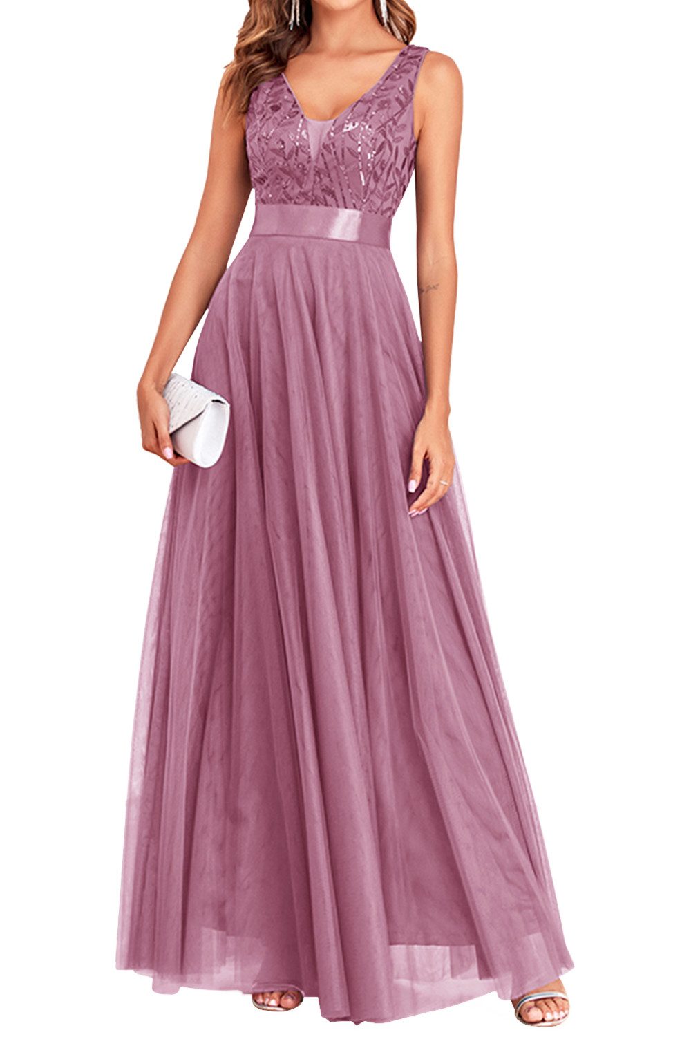 ENIX Abendkleid Damen-Abendkleid mit Pailletten ärmellos Tüll lang schmal Kleid in A-Linie mit tiefem V-Ausschnitt und elastischem Bund