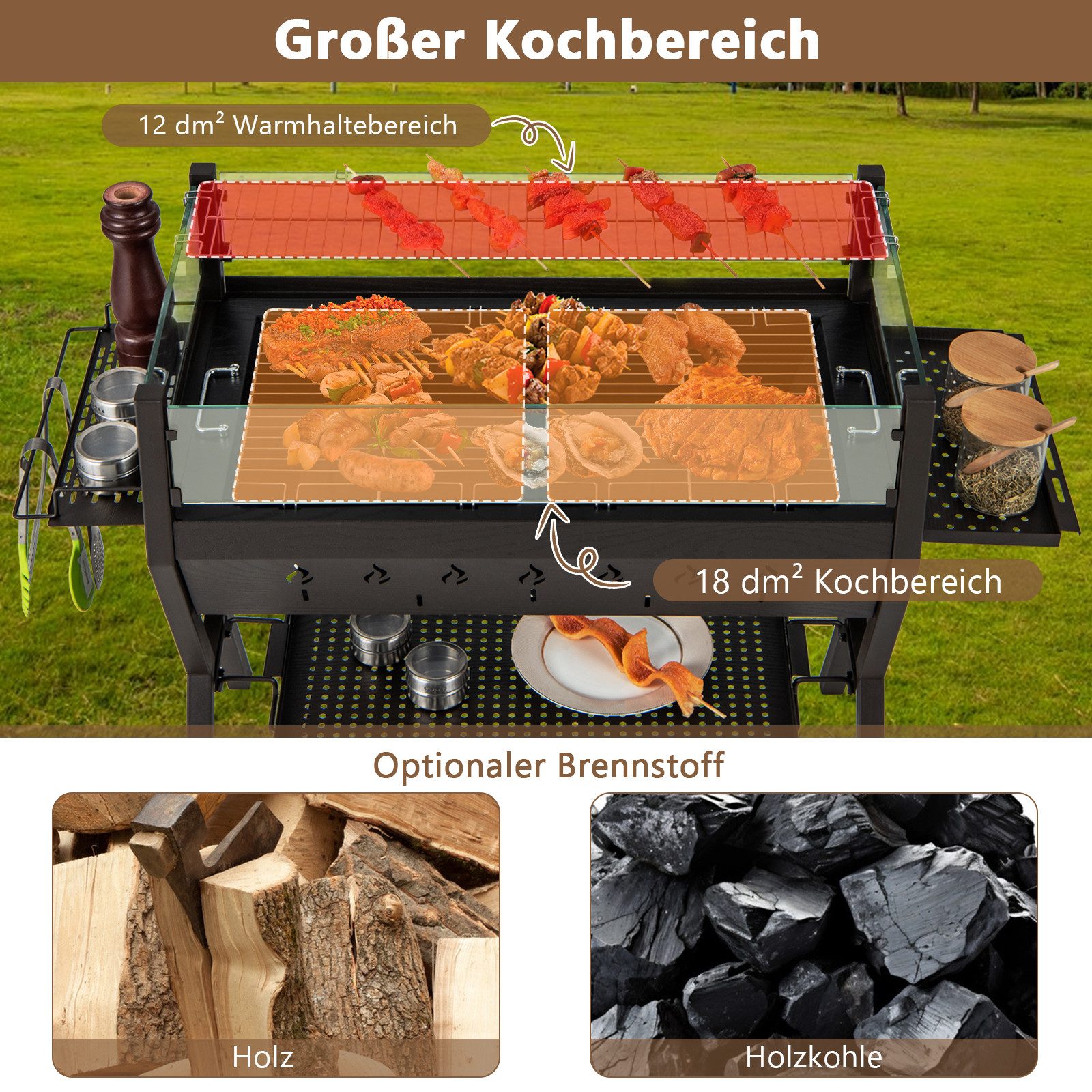 KOMFOTTEU Holzkohlegrill, 3 in 1 Gartengrill aus Edelstahl, BBQ Grill