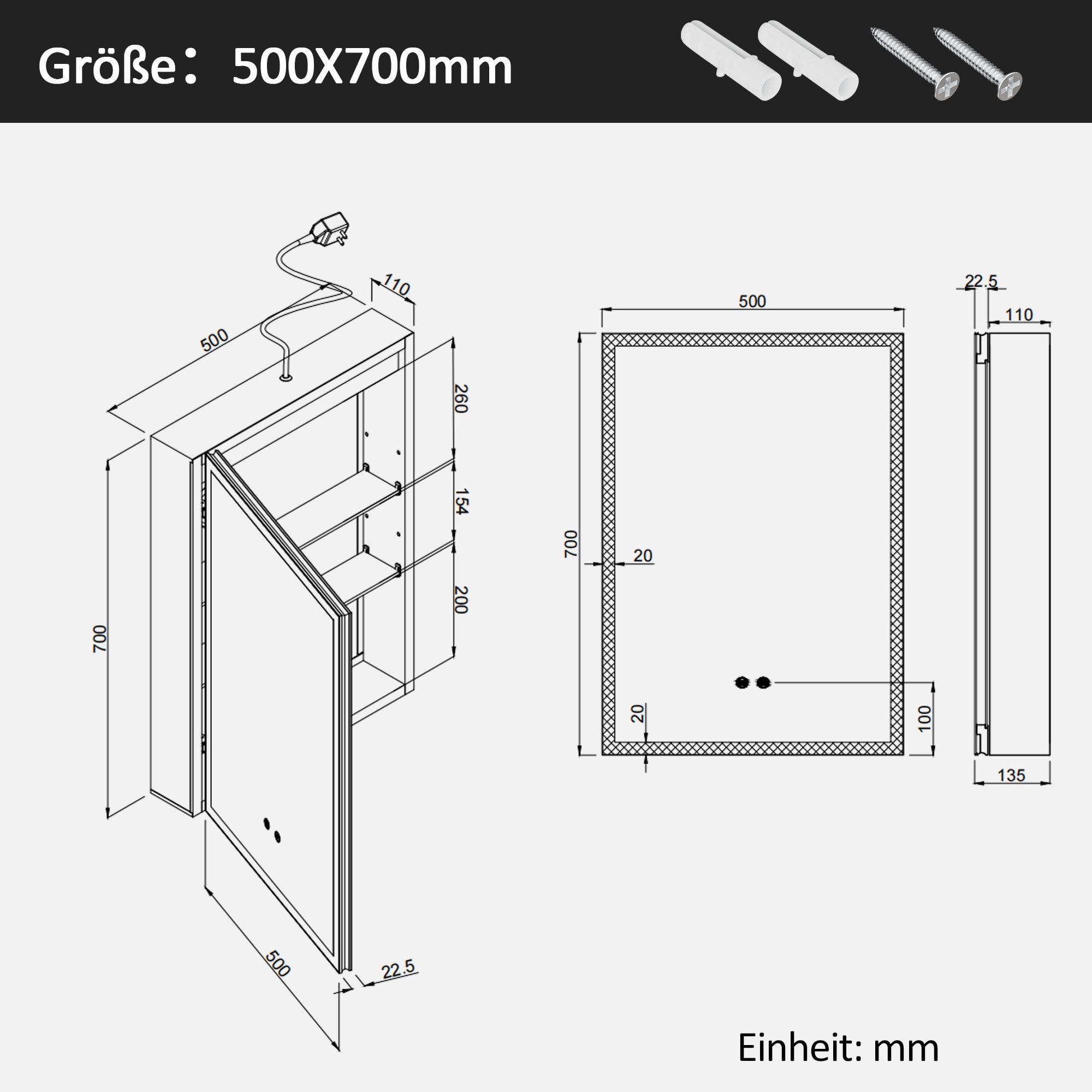 WDWRITTI Medizinschrank mit spiegel Spiegelschrank Schwarz mit LED Beleuchtung 50x13,5x70cm (Anti-fog, 3Lichtmodi, Dimmbar, Speicherfunktion, Alu-Schranktür, 1 türen) Doppel Spiegel, Verstellbare Glasböden, mit Netzadapter