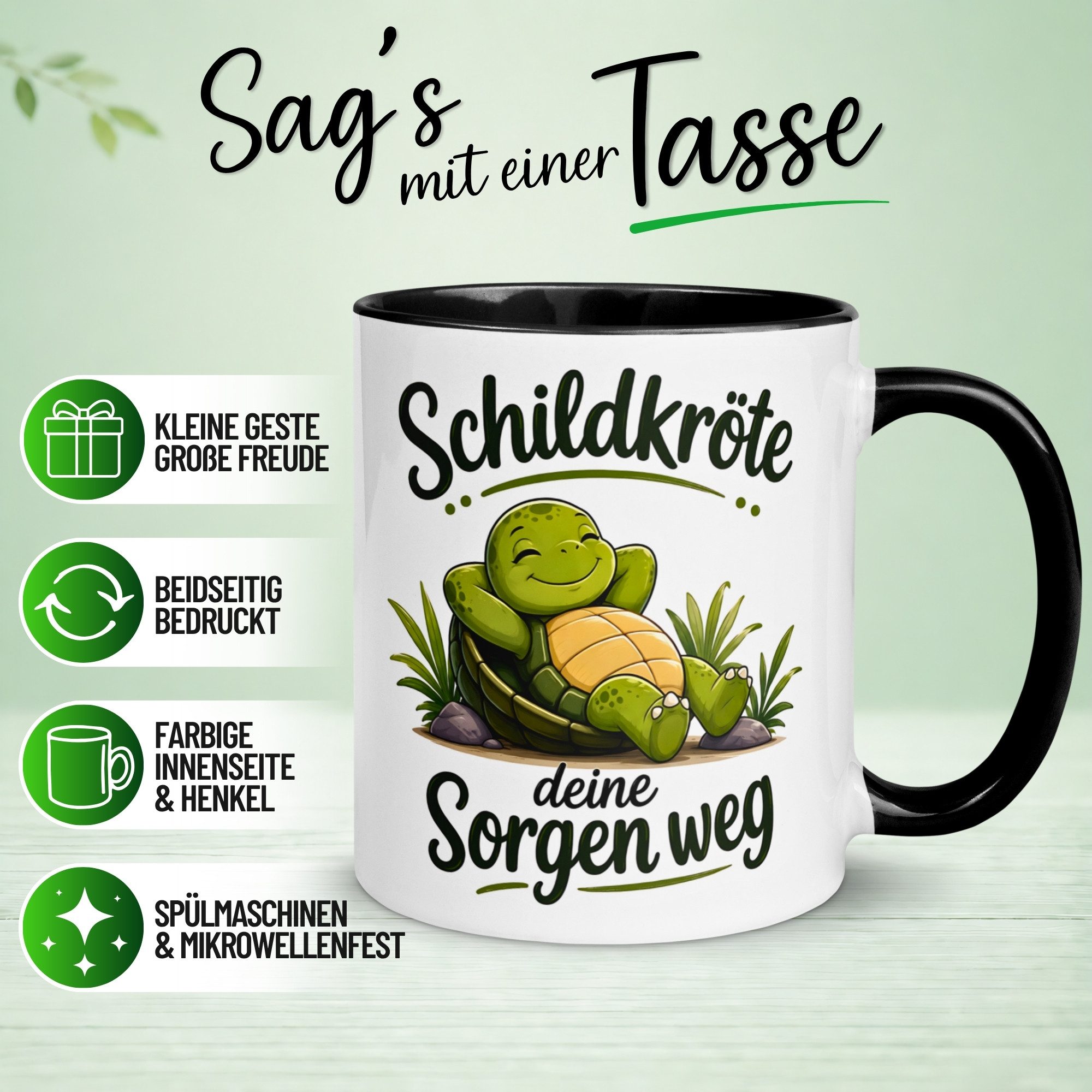 Momentals Tasse Schildkröte – „Schildkröte deine Sorgen weg“ – Schildkröten Geschenk, Gratis Versand · Links-&Rechtshänder · Spülmaschinenfest