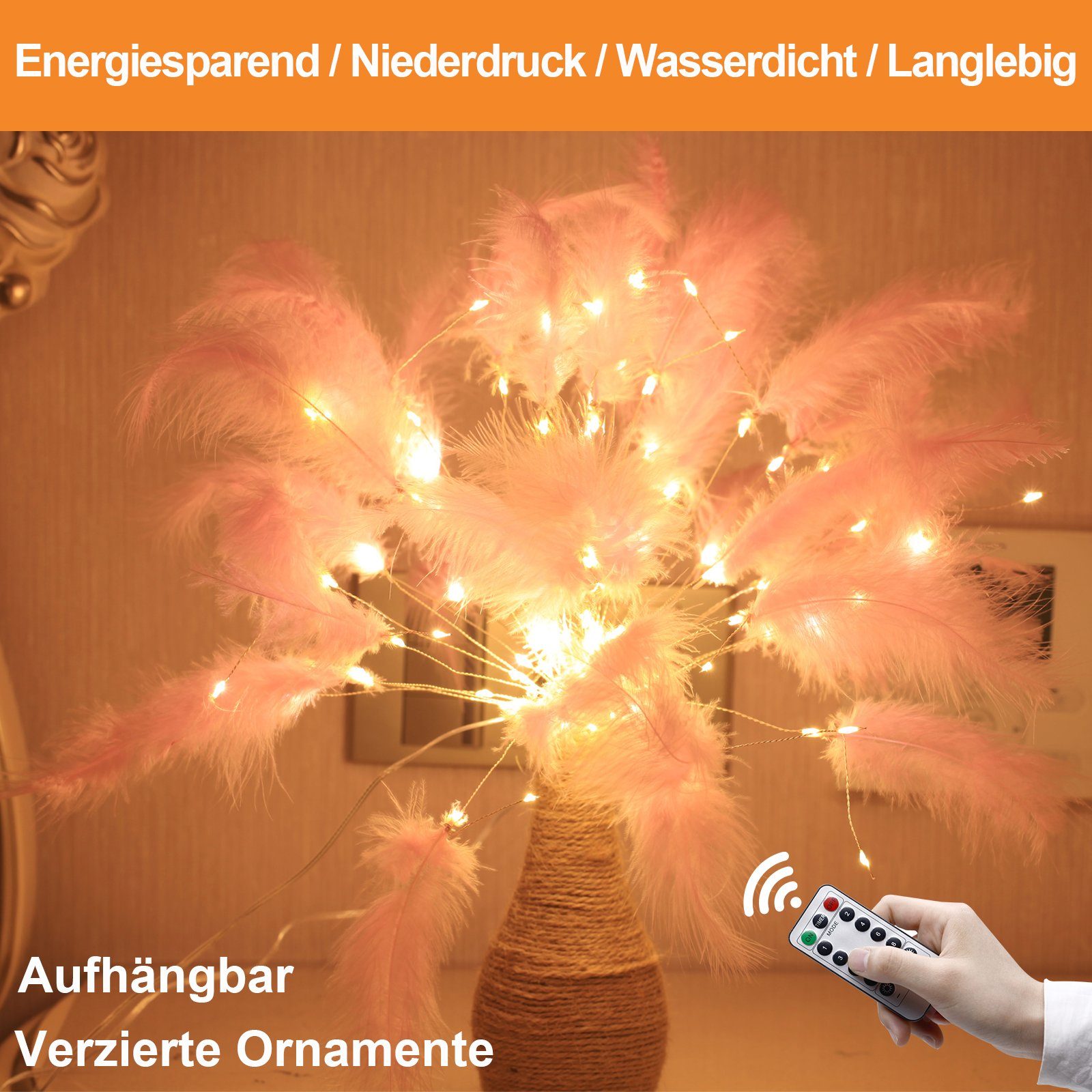 Fernbedienung, 8 Batterie/USB, Modi, Rosnek LED-Lichterkette Warmweiß Schlafzimmer, Hochzeit Party Feuerwerk Deko Feder, für Lichter;