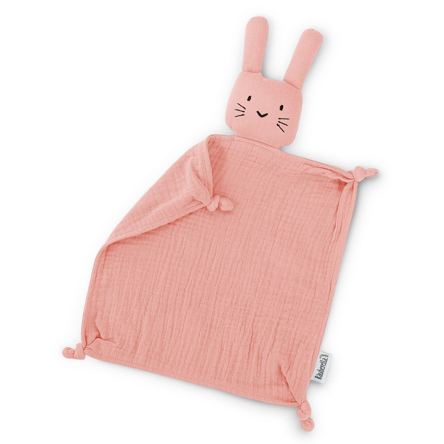 Räuberella Schmusetuch Hase (EN-71 geprüft) – 100% Bio-Baumwolle – Rosa, aus weichem Musselin, ohne verschluckbare Kleinteile
