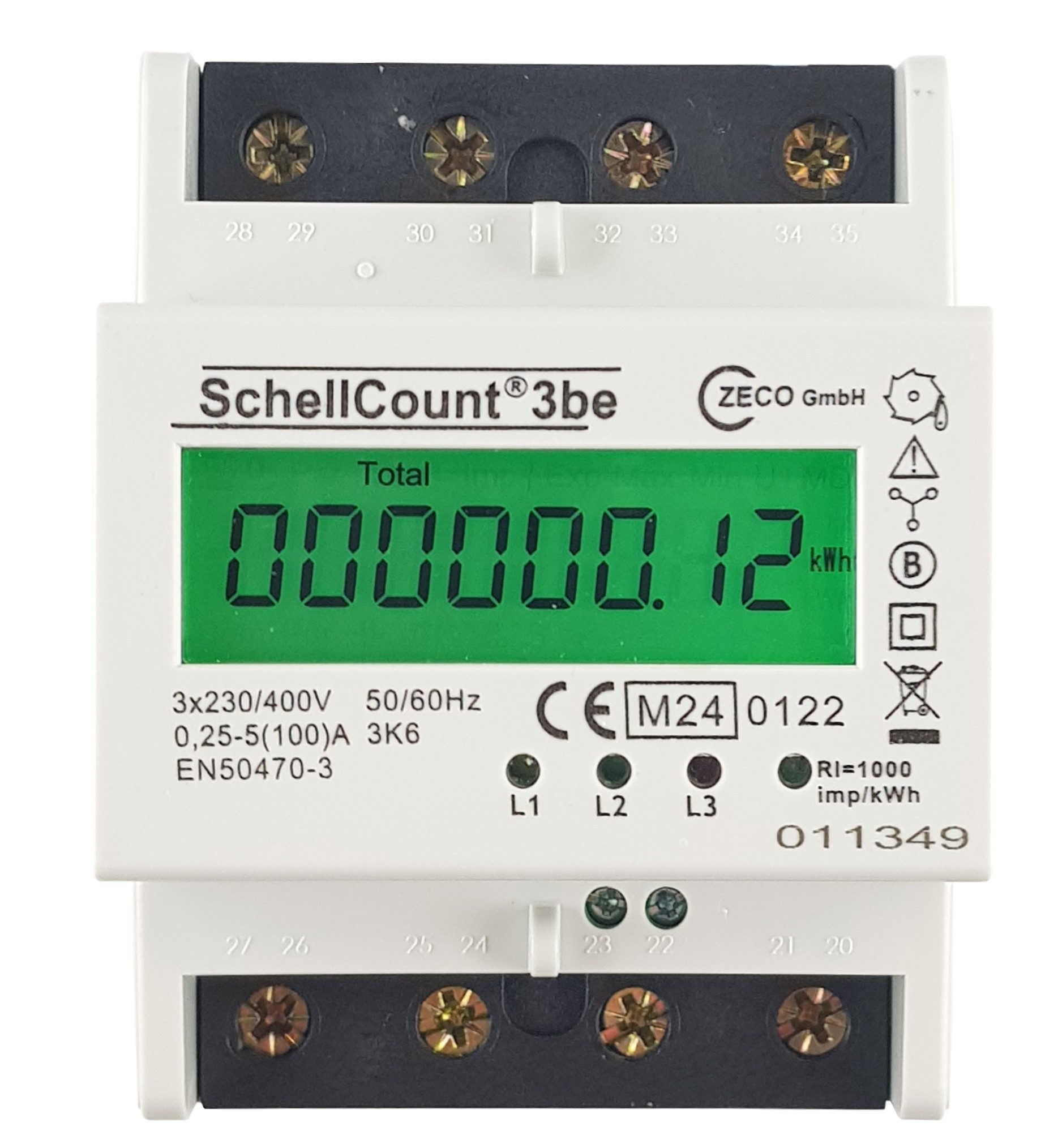 Schellcount Drehstromzähler 3-Phasen Energiezähler, MID geeicht, S0-Impulsausgang, 100A, 3,9TE