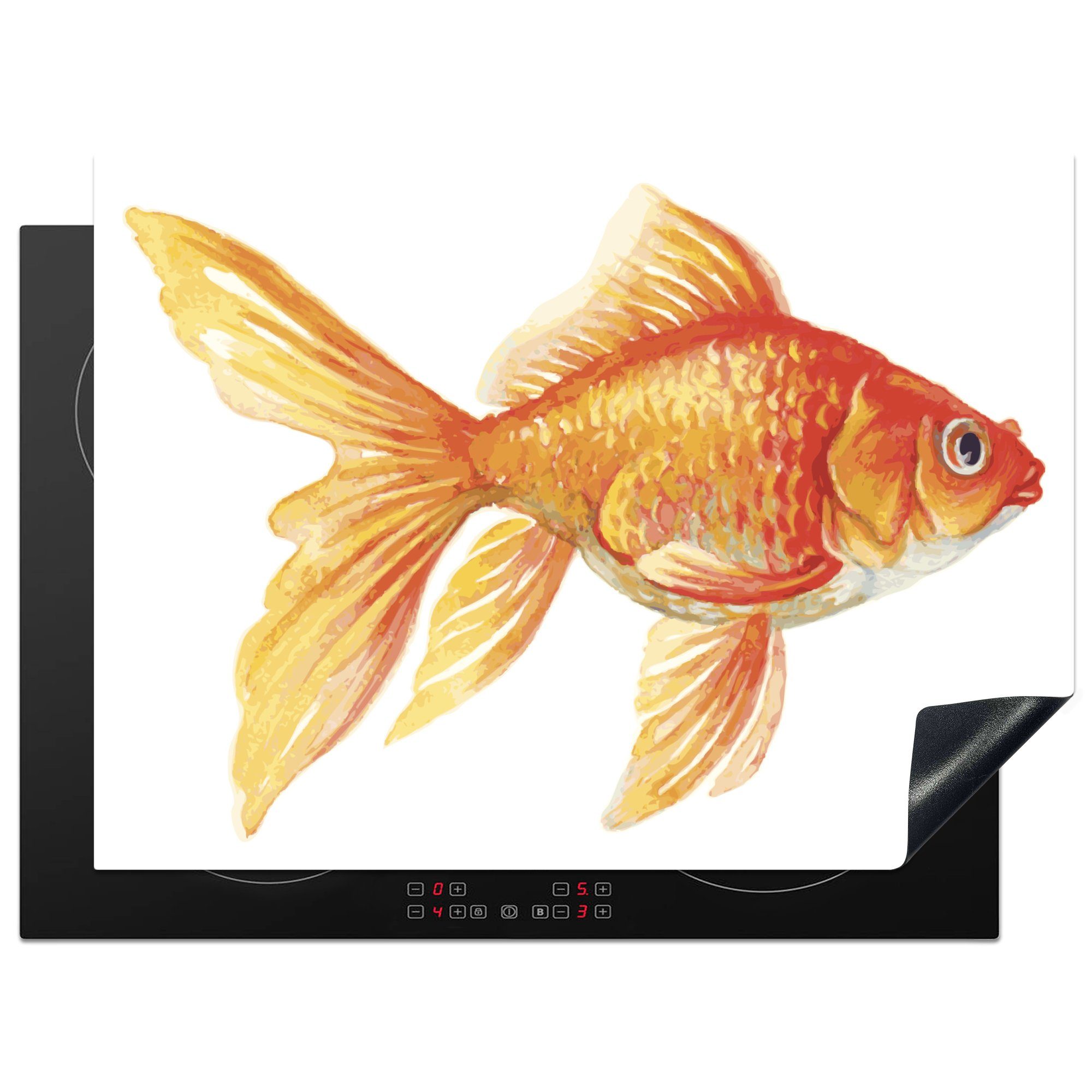 MuchoWow Herdblende-/Abdeckplatte Illustration eines schwimmenden Goldfischs auf weißem Hintergrund, Vinyl, (1 tlg), 70x52 cm, Mobile Arbeitsfläche nutzbar, Ceranfeldabdeckung