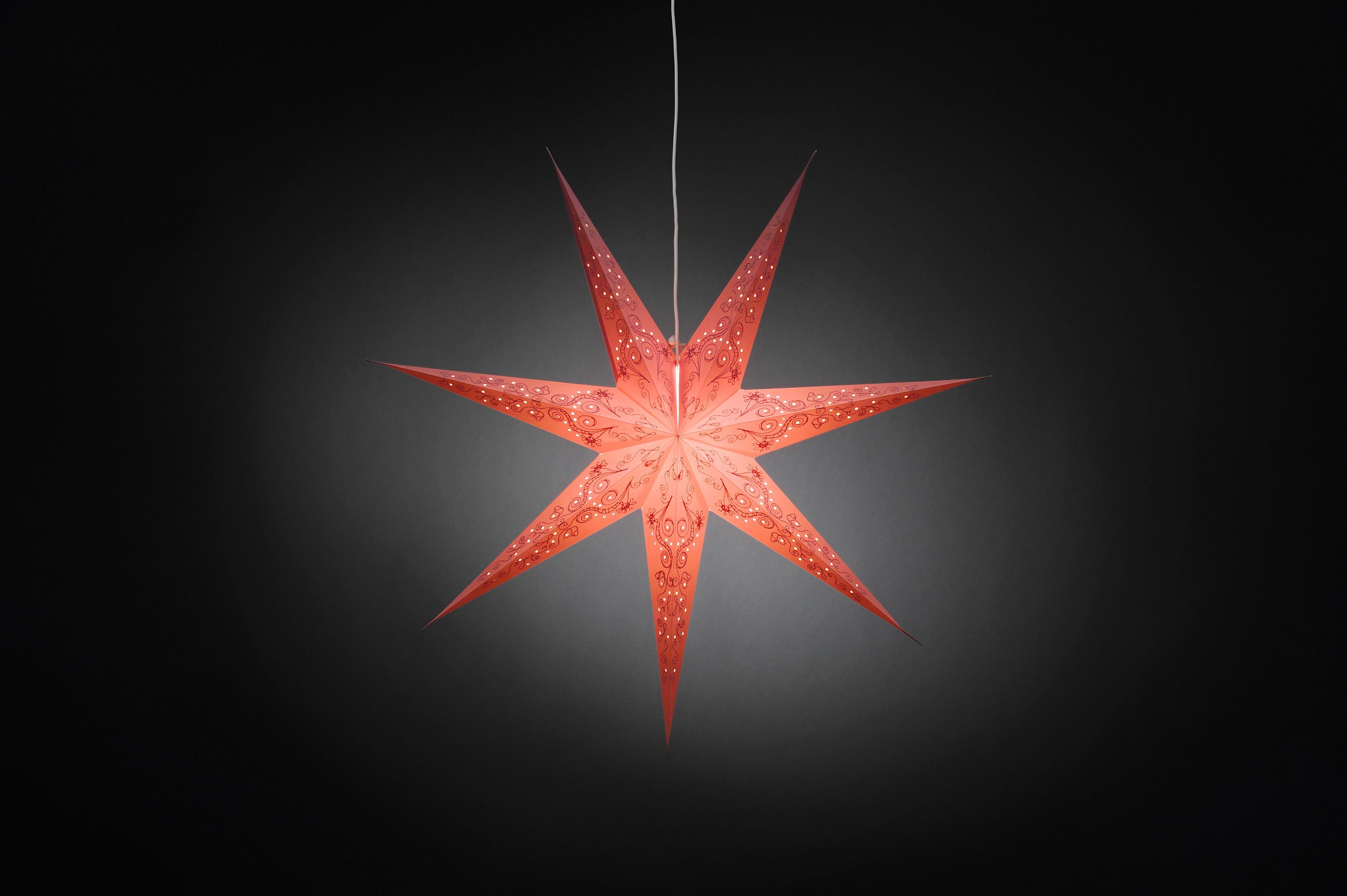 KONSTSMIDE Dekostern Weihnachtsstern, Weihnachtsdeko, 1 St., Papierstern, LED Stern, perforiert und pink bestickt, 7 Zacken