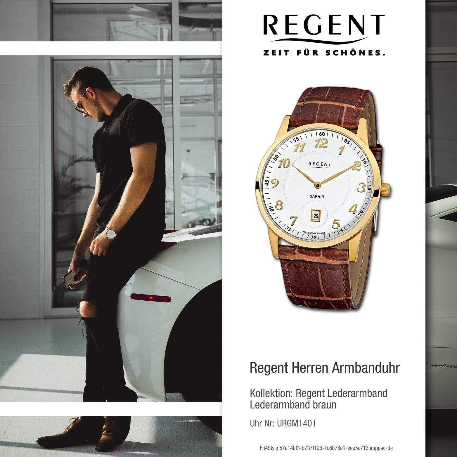 Herren Uhren Regent Quarzuhr D2URGM1401 Regent Leder Herren Uhr GM-1401 Analog, Herrenuhr mit Lederarmband, rundes Gehäuse, groß