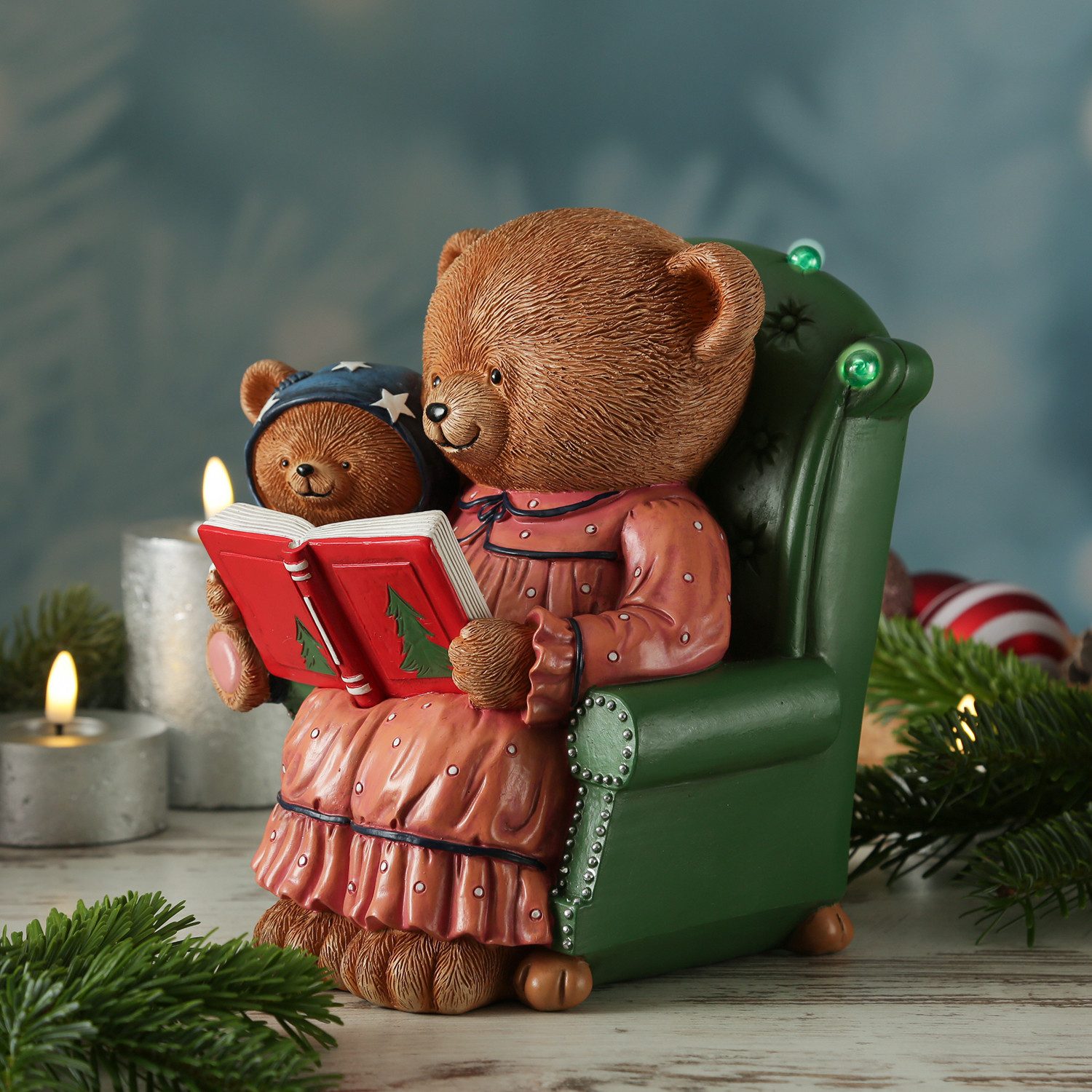 MARELIDA LED Dekofigur LED Bär mit Teddybär im Sessel Weihnachtsdeko Dekofigur Batterie 22cm, LED Classic, warmweiß (2100K bis 3000K)