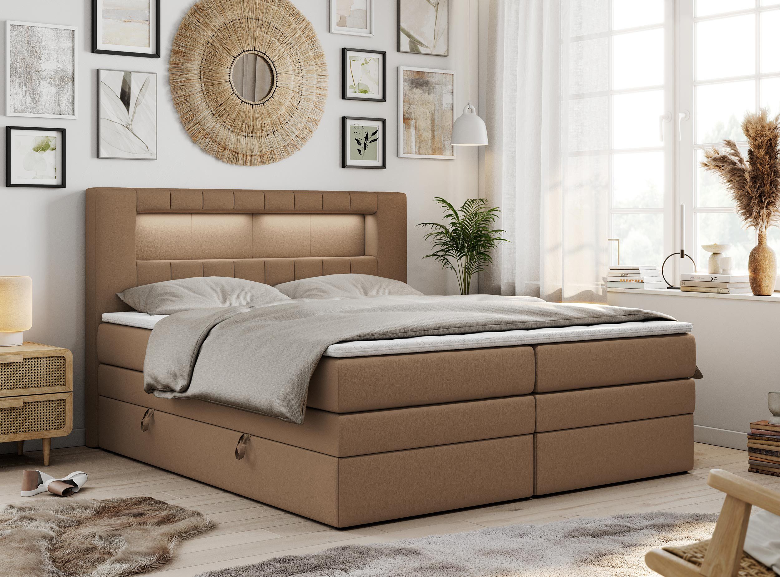 MKS MÖBEL Boxspringbett GOLD 5 KING, Polsterbett mit Bettkasten und Zwei Matratzen - Stauraumbett