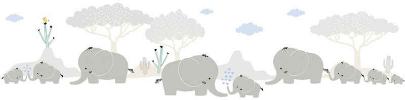 A.S. Création Bordüre Elephant Family, glatt, Tapete Kinderzimmer Grau Blau Weiß