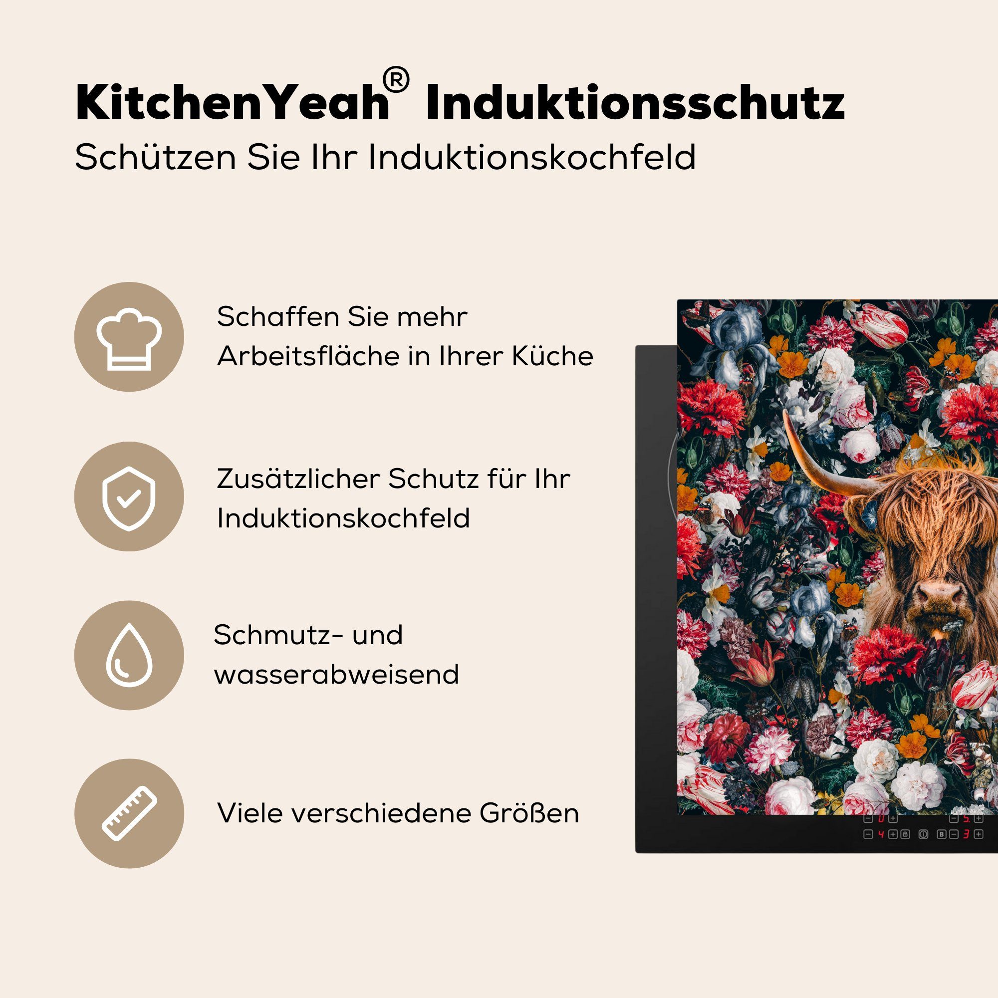 Braun, (1 tlg), Arbeitsplatte MuchoWow cm, küche - Kuh - Blumen 78x78 Herdblende-/Abdeckplatte Ceranfeldabdeckung, Vinyl, für