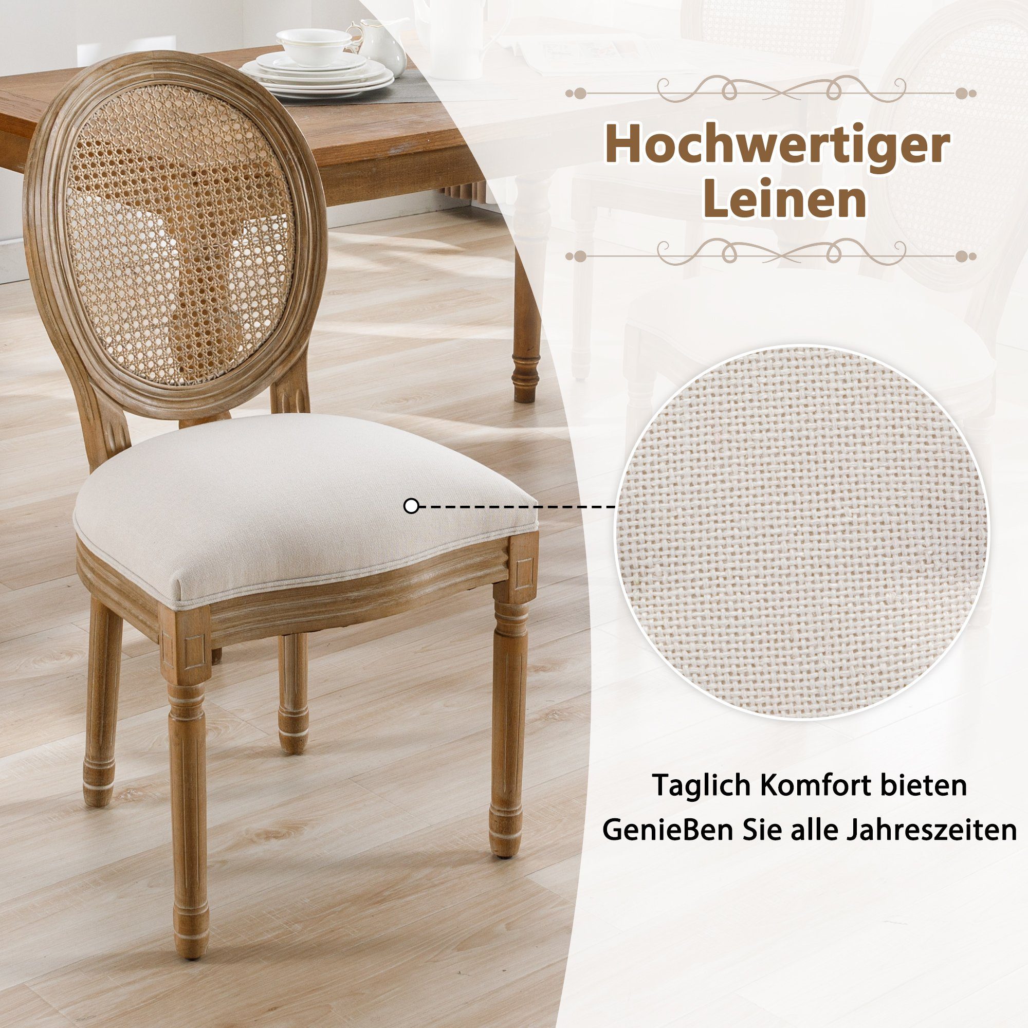 Flieks Esszimmerstuhl (2 Polsterstuhl Set Leinen Rattan-Rückenlehne 2er St), mit