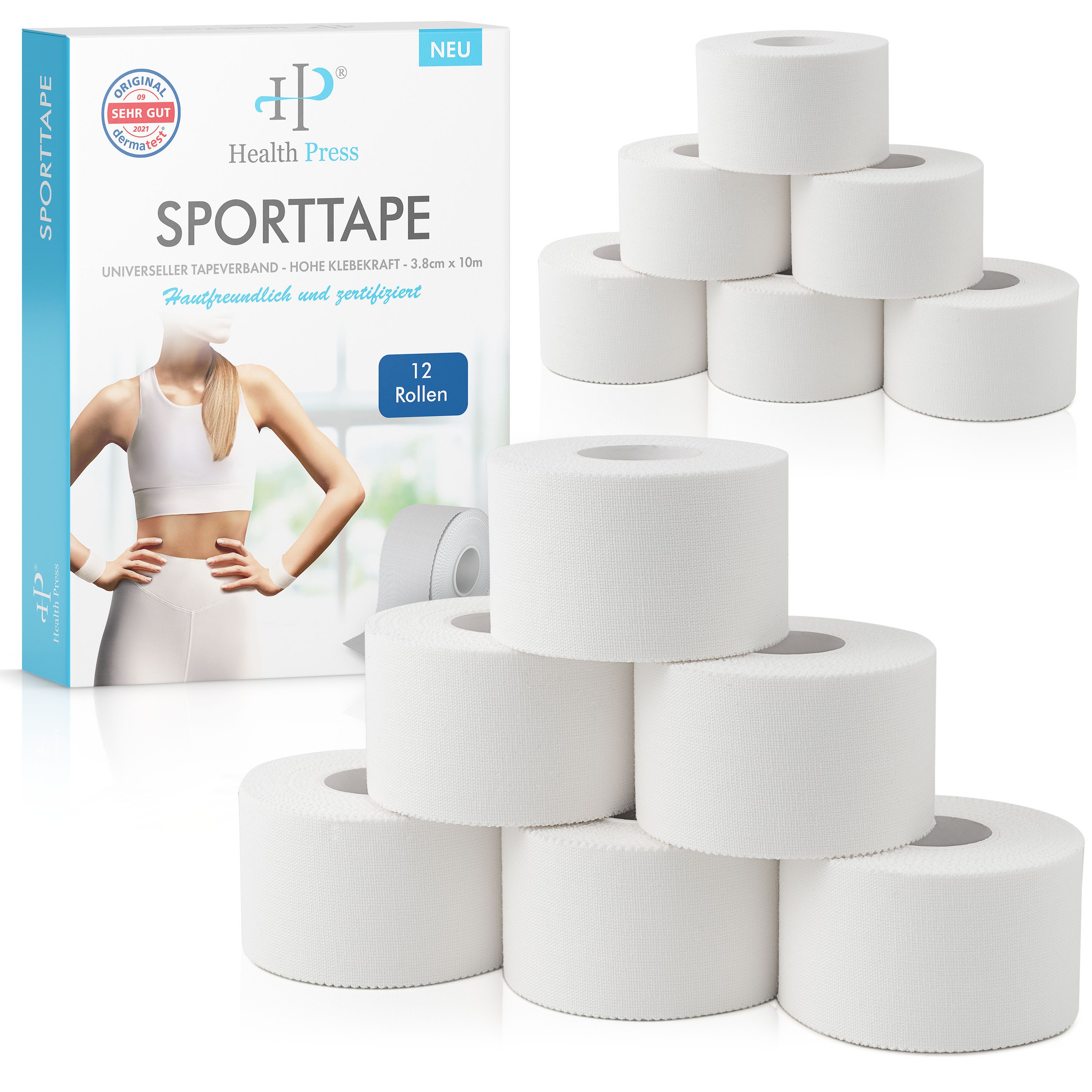 Health Press Bandage Sporttape - 12 Tape Rollen (3,8cm x 10m) weiß (12-tlg)