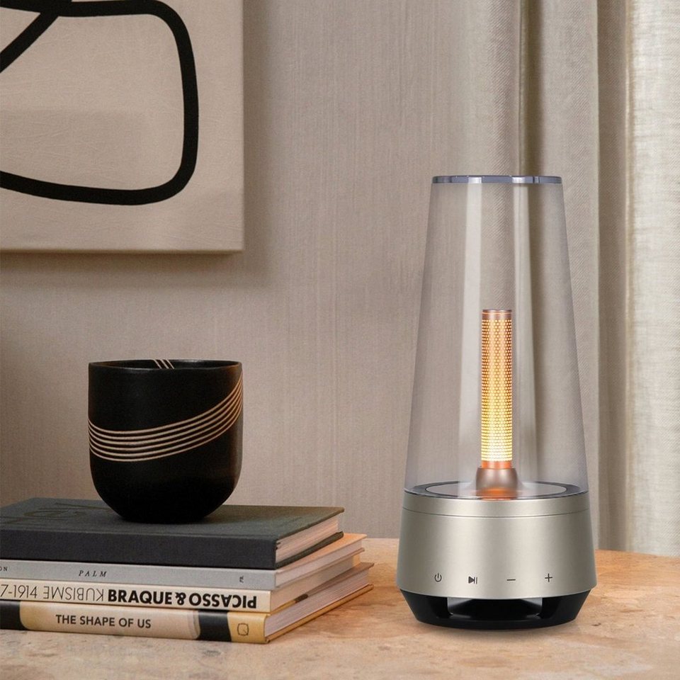 Nettlife Nachttischlampe Dimmbar Tischlampe USB aufladbar mit Bluetooth  Lautsprecher, Akku Tischleuchte Kerzenlicht, LED fest integriert, Warmweiß,  für Schlafzimmern Bars Restaurants