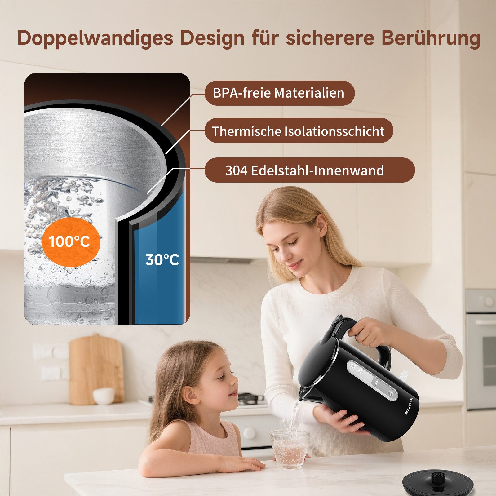 Aigostar Wasserkocher Edelstahl Doppelwand Elektrischer Wasserkocher mit Wasserstandsanzeige, 1.7 l, 2200,00 W, 4 Minuten Schnell auf 100°C, BPA Frei