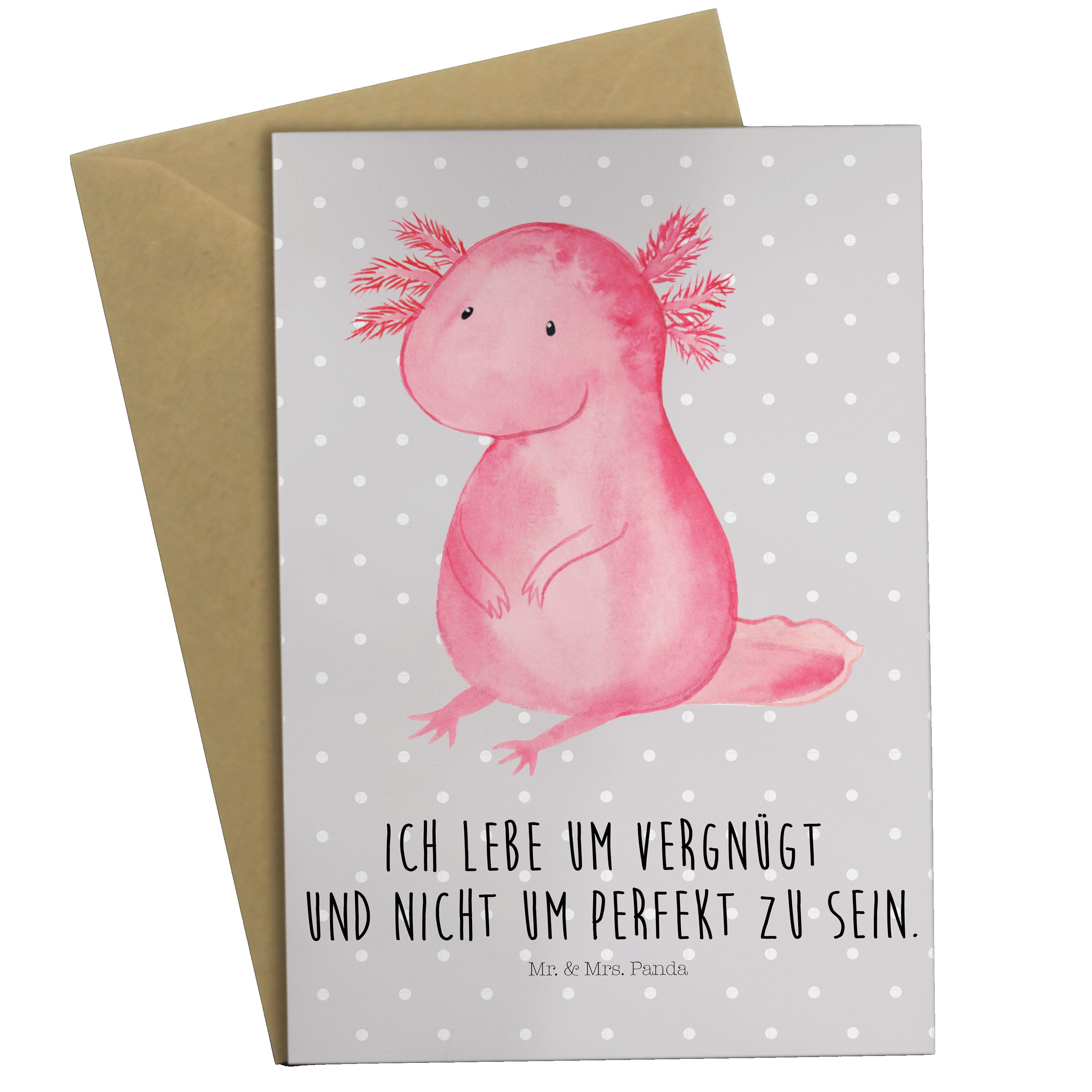 Mrs. Panda Grußkarte Glückwunschkarte, Mr. Liebe - Pastell - & Grau vergnügt, Geschenk, Axolotl