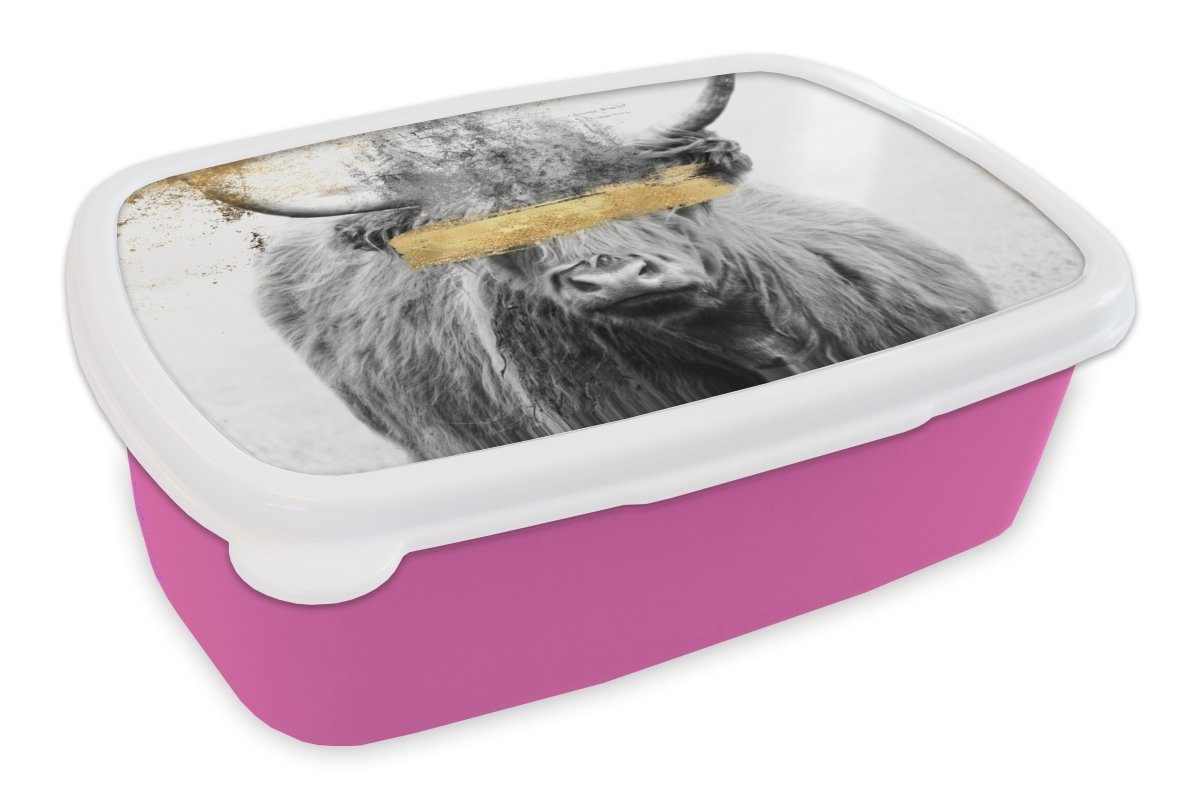 MuchoWow Lunchbox Schottischer Highlander - Gold - Schwarz - Weiß, Kunststoff, (2-tlg), Brotbox für Erwachsene, Brotdose Kinder, Snackbox, Mädchen, Kunststoff rosa