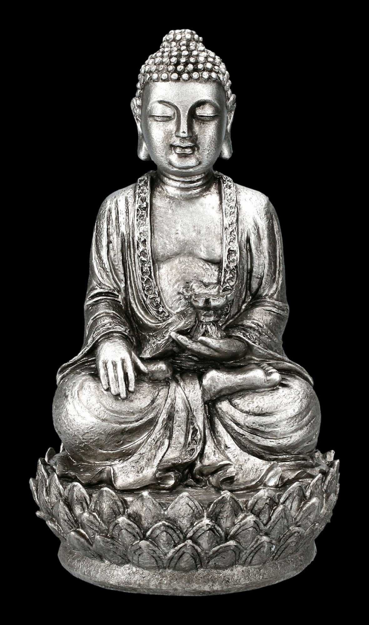 Figuren Shop GmbH Dekofigur Buddha Figur silberfarben auf Lotus - Dekofigur