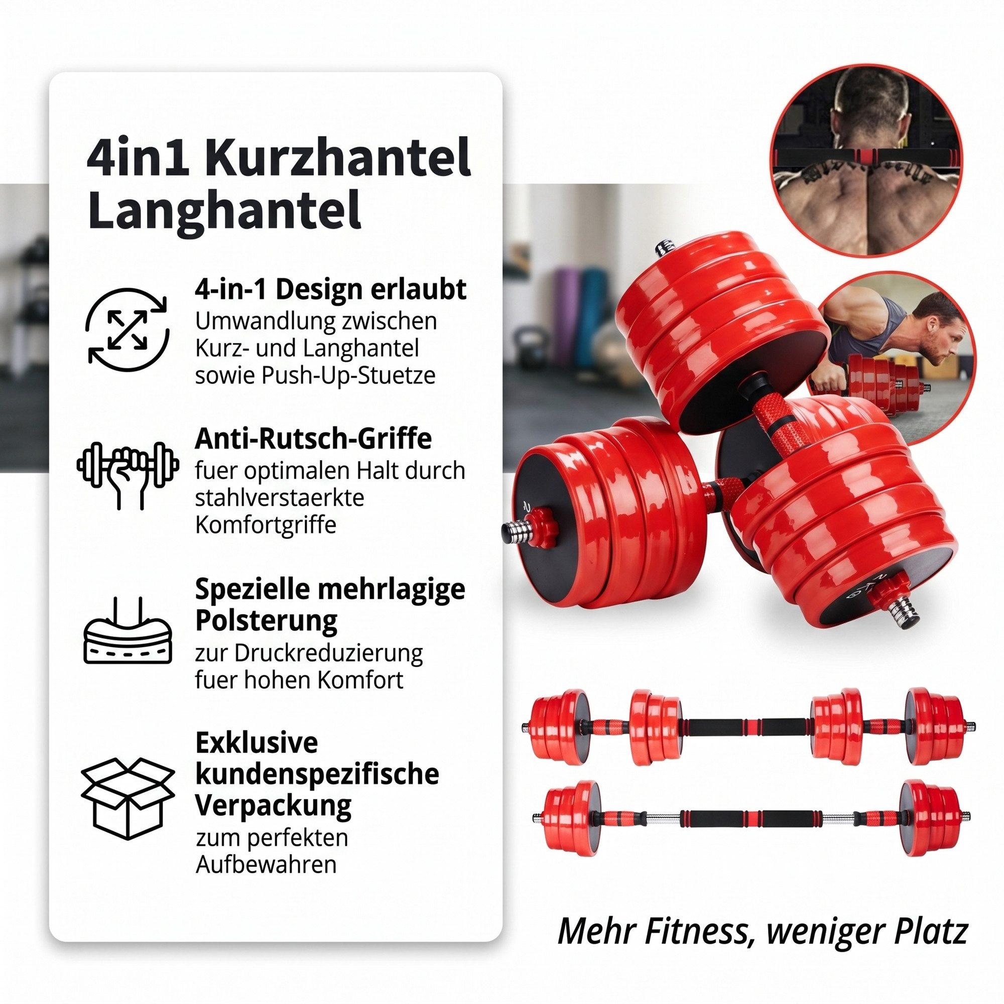 Mucola Kurzhantel Kurzhantel Langhantel 4in1 Set Hantelset verstellbar Gewichte, (Set, Premium-Hantelset, Premium-Trainingsset), Geräuscharm und Bodenschonend