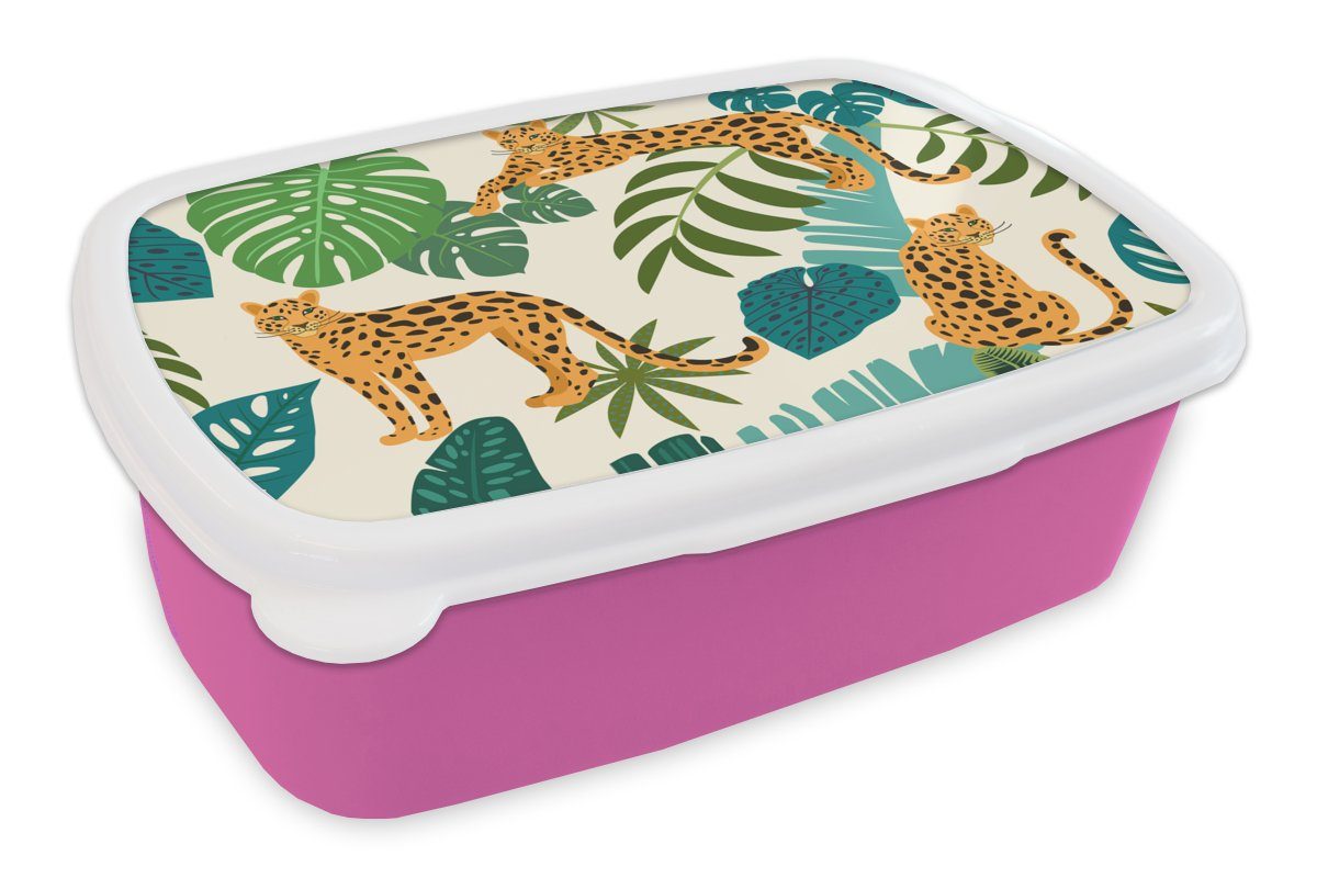MuchoWow Lunchbox Dschungel - Leopard - Pflanzen - Muster - Mädchen - Jungen, Kunststoff, (2-tlg), Brotbox für Erwachsene, Brotdose Kinder, Snackbox, Mädchen, Kunststoff rosa