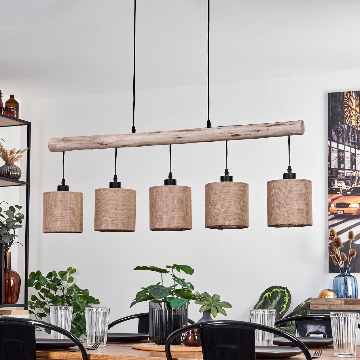 hofstein Pendelleuchte moderne Hängelampe aus Holz/Metall/Leinen in Natur/Schwarz/Beige, ohne Leuchtmittel, Hängeleuchte im skandinavischen Design, 5xE27, ohne Leuchtmittel