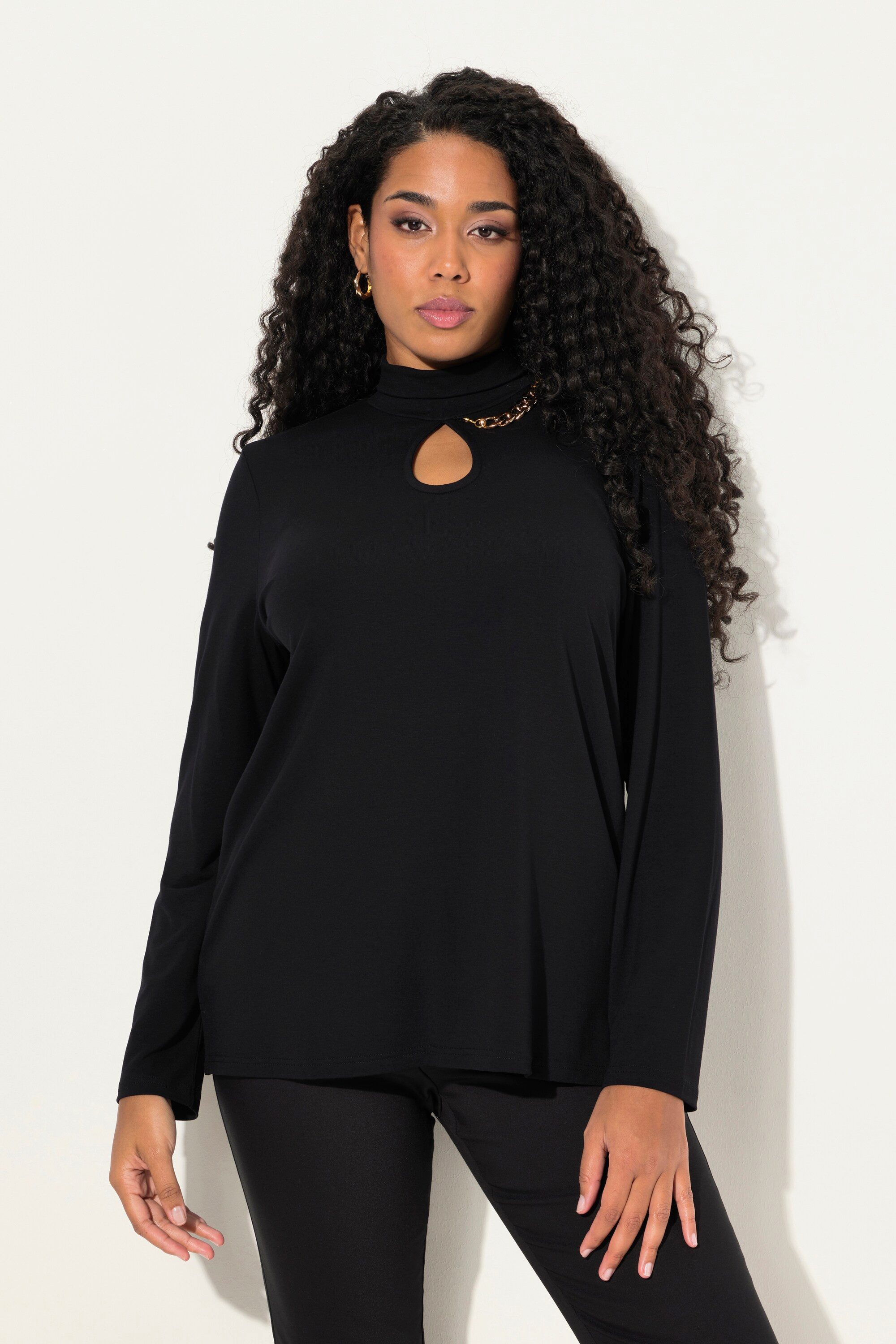 Ulla Popken Longshirt Shirt Cut-Out Kette Stehkragen Langarm günstig online kaufen