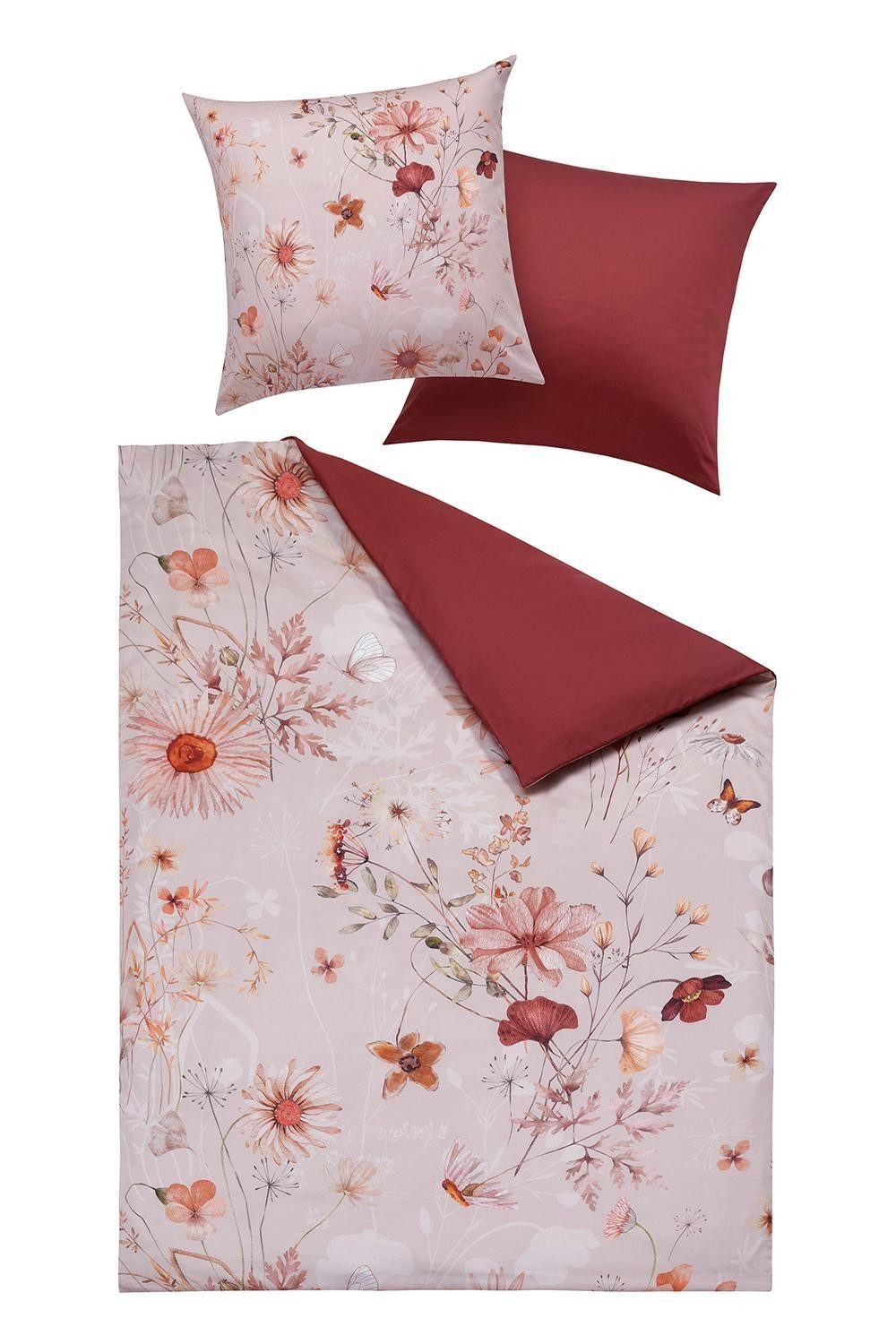 casa NOVA Bettwäsche CELINE, 135 x 200 cm, Rosa, Rot, Orange, Satin, 2 teilig, florales Muster, mit Reißverschluss