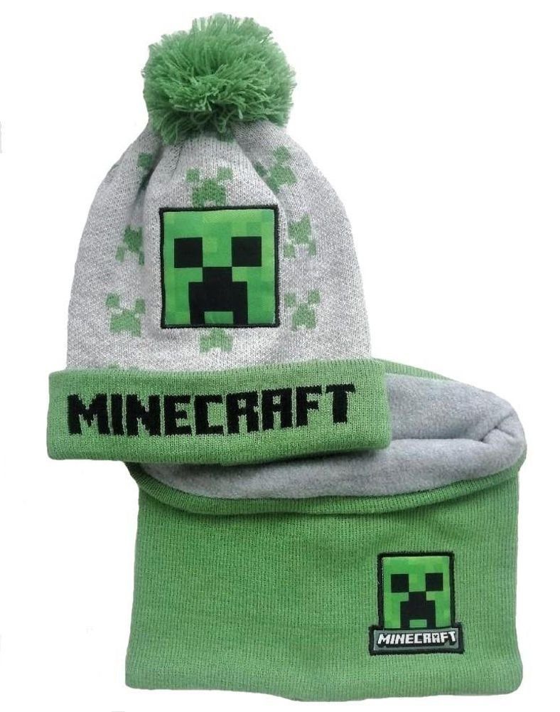 Minecraft Mütze & Schal Minecraft Mütze + Loopschal Green oder Blau Jungen und Mädchen Kindermütze + Schal Set Gr. 52 + 54 cm