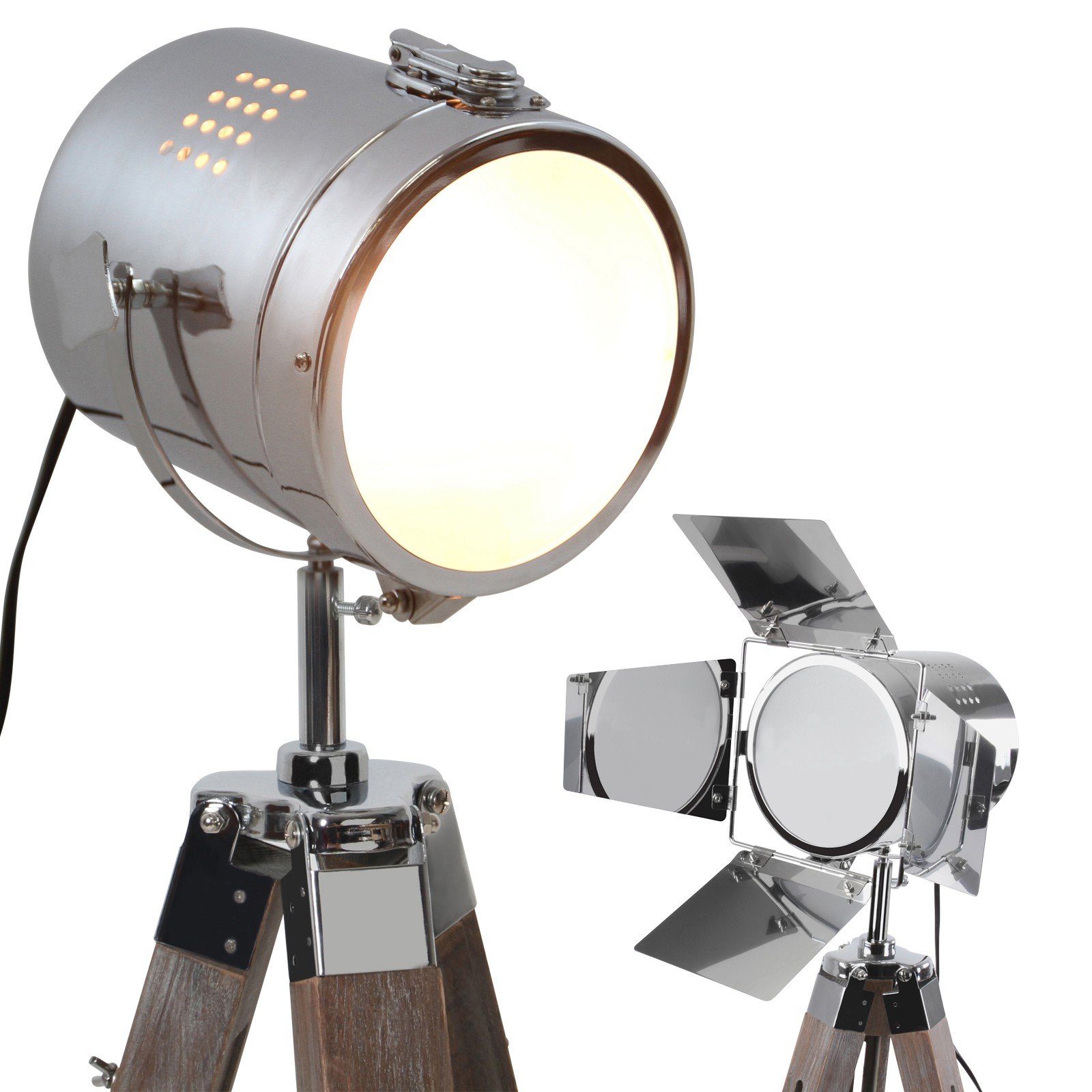 Antikes mit Stehlampe aus E27,max. Stahl, Stativ Stehlampe Verchromter LED, Holz - Jago 148cm Holz